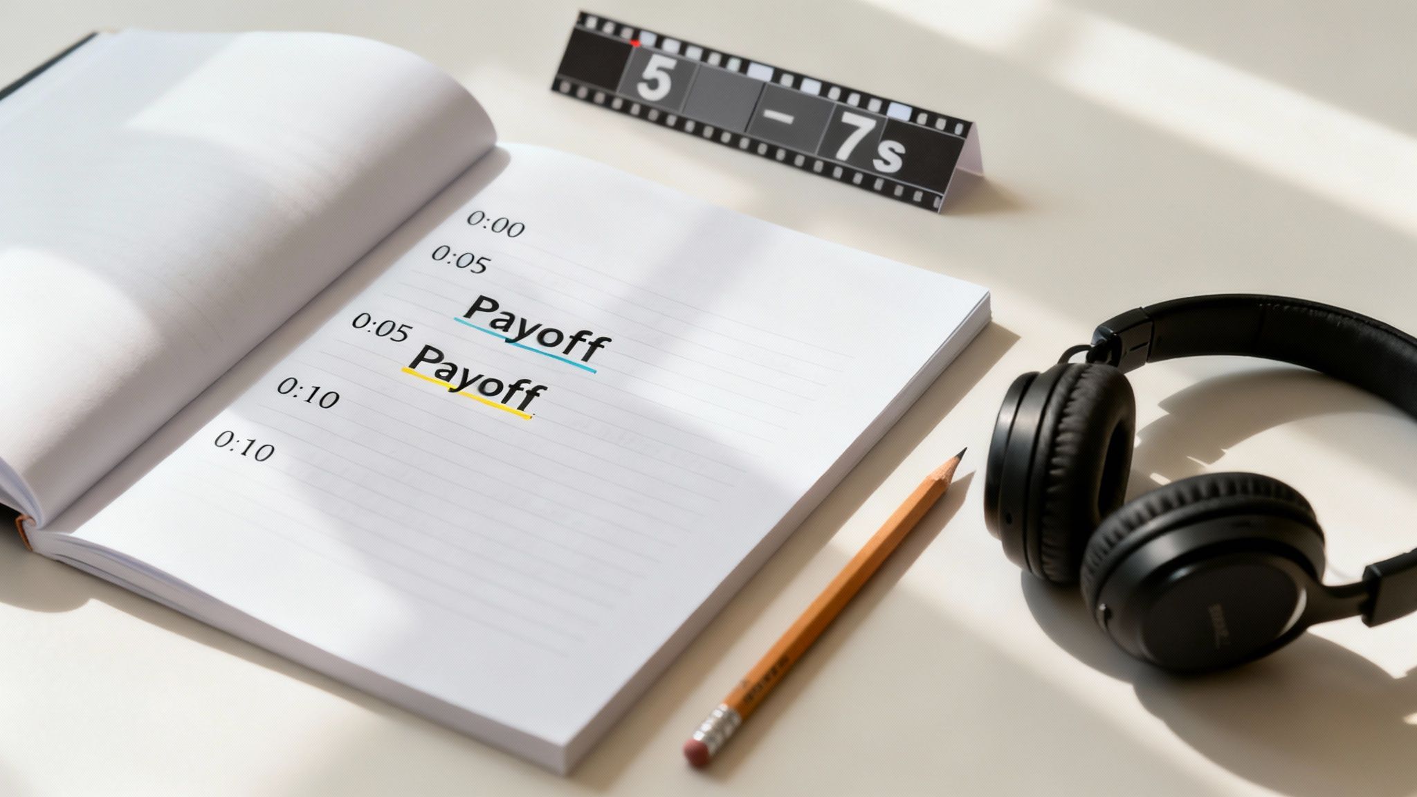 A notebook open to planning notes with 'Payoff' underlined, headphones, and a film strip timer.