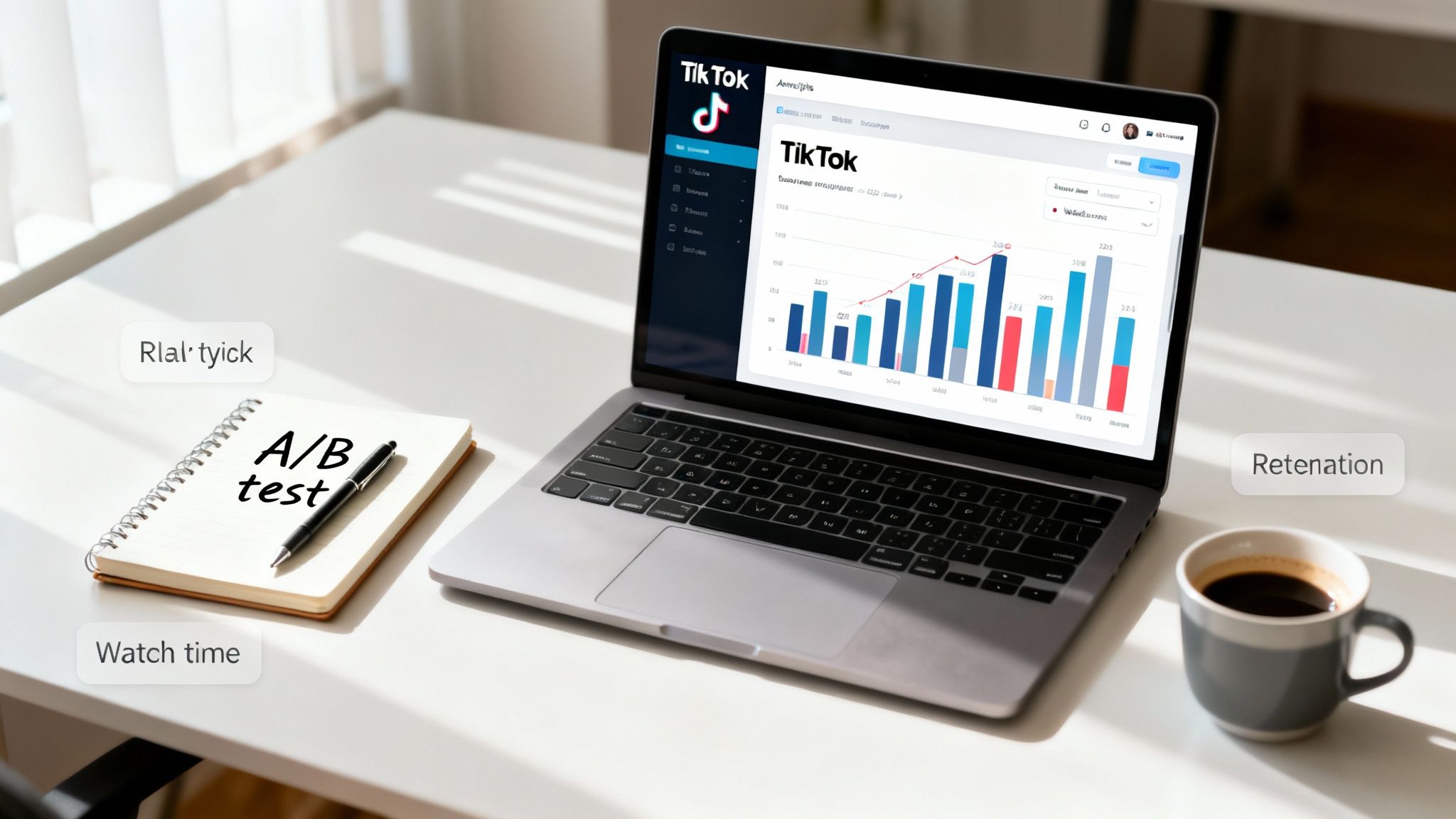 Laptop displaying TikTok analytics with performance charts, a notebook with 'A/B test' and 'Watch time' notes, and a coffee cup.