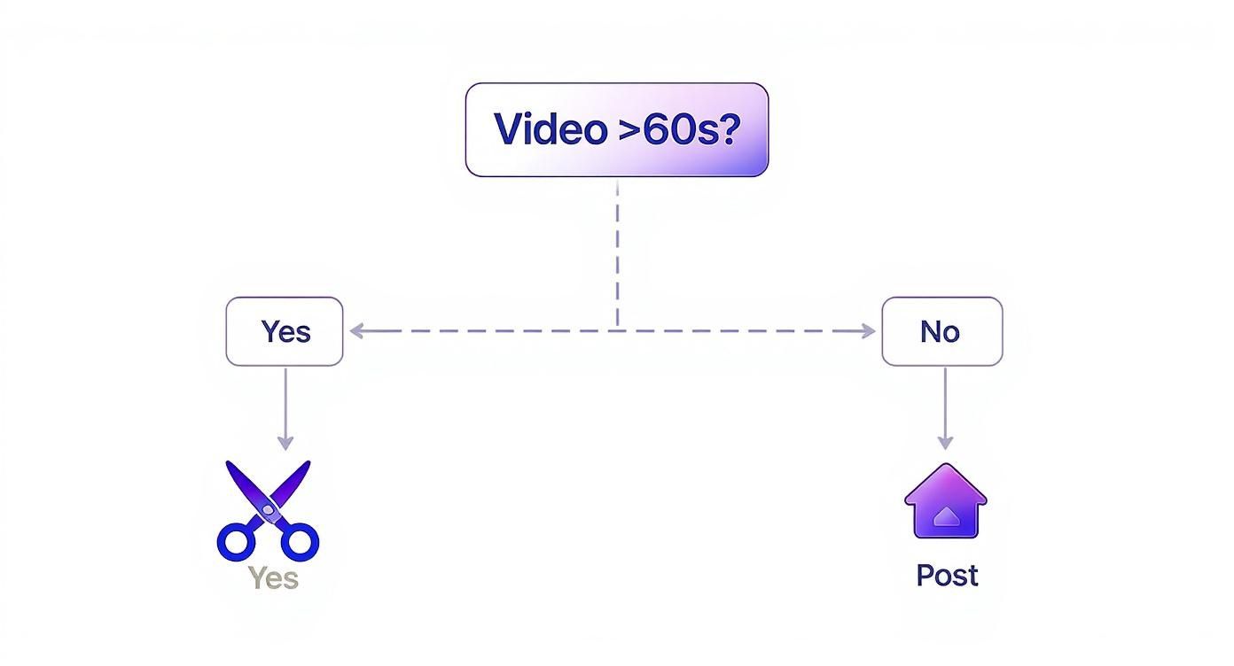 Flowchart showing video content decision: trim if over 60 seconds, otherwise post the video.
