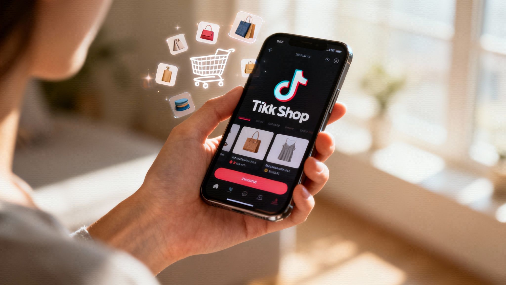 A person holding a smartphone showing a TikTok Shop interface, surrounded by products and shopping bags.