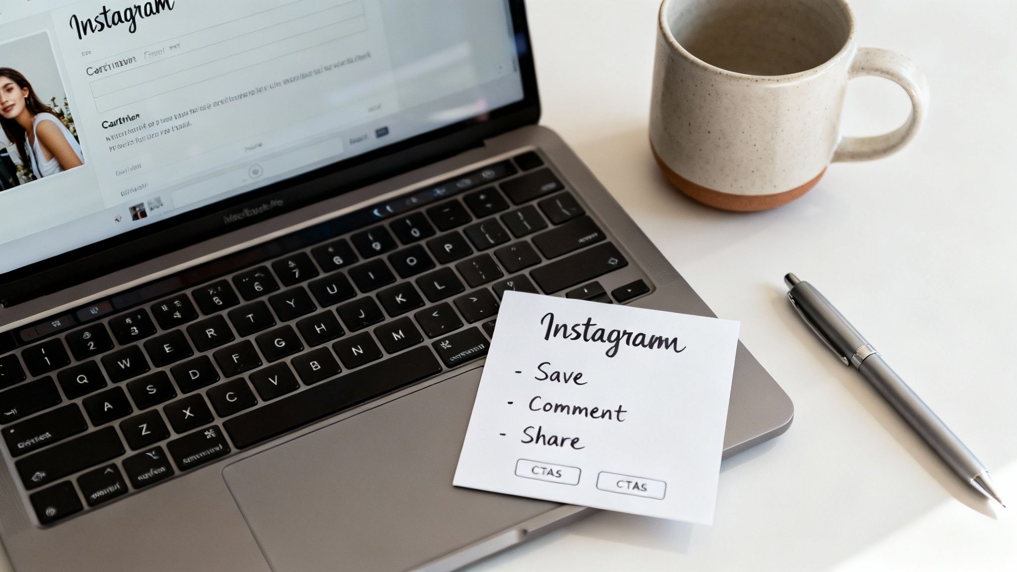 A laptop displaying Instagram, a handwritten note about Instagram engagement, a mug, and a pen on a desk.