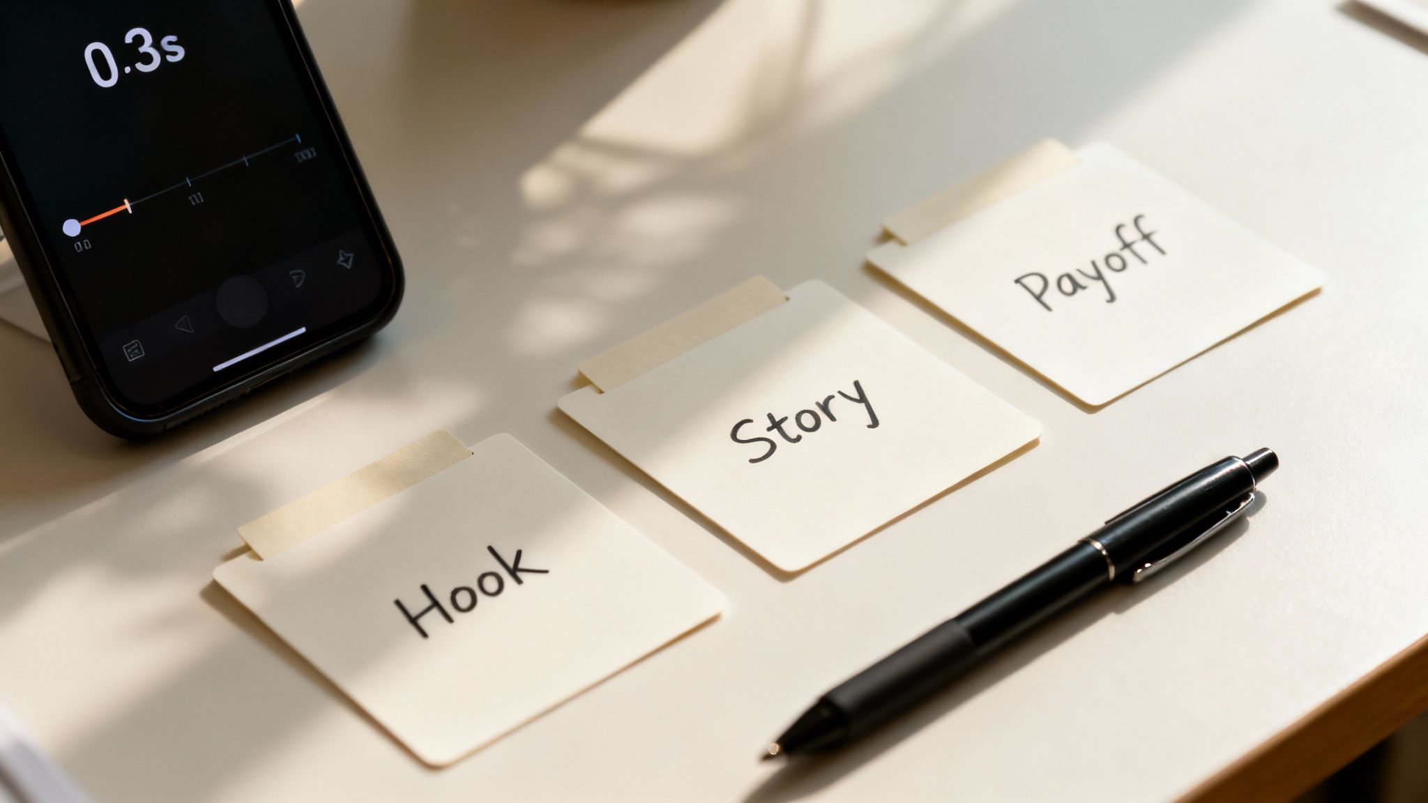 Smartphone with video timeline, 'Hook', 'Story', 'Payoff' cards, and a pen on a desk, for content planning.