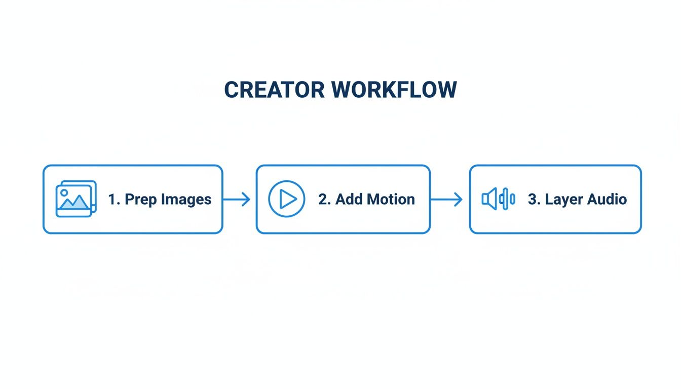 A creator workflow infographic showing three steps: Prep Images, Add Motion, and Layer Audio.