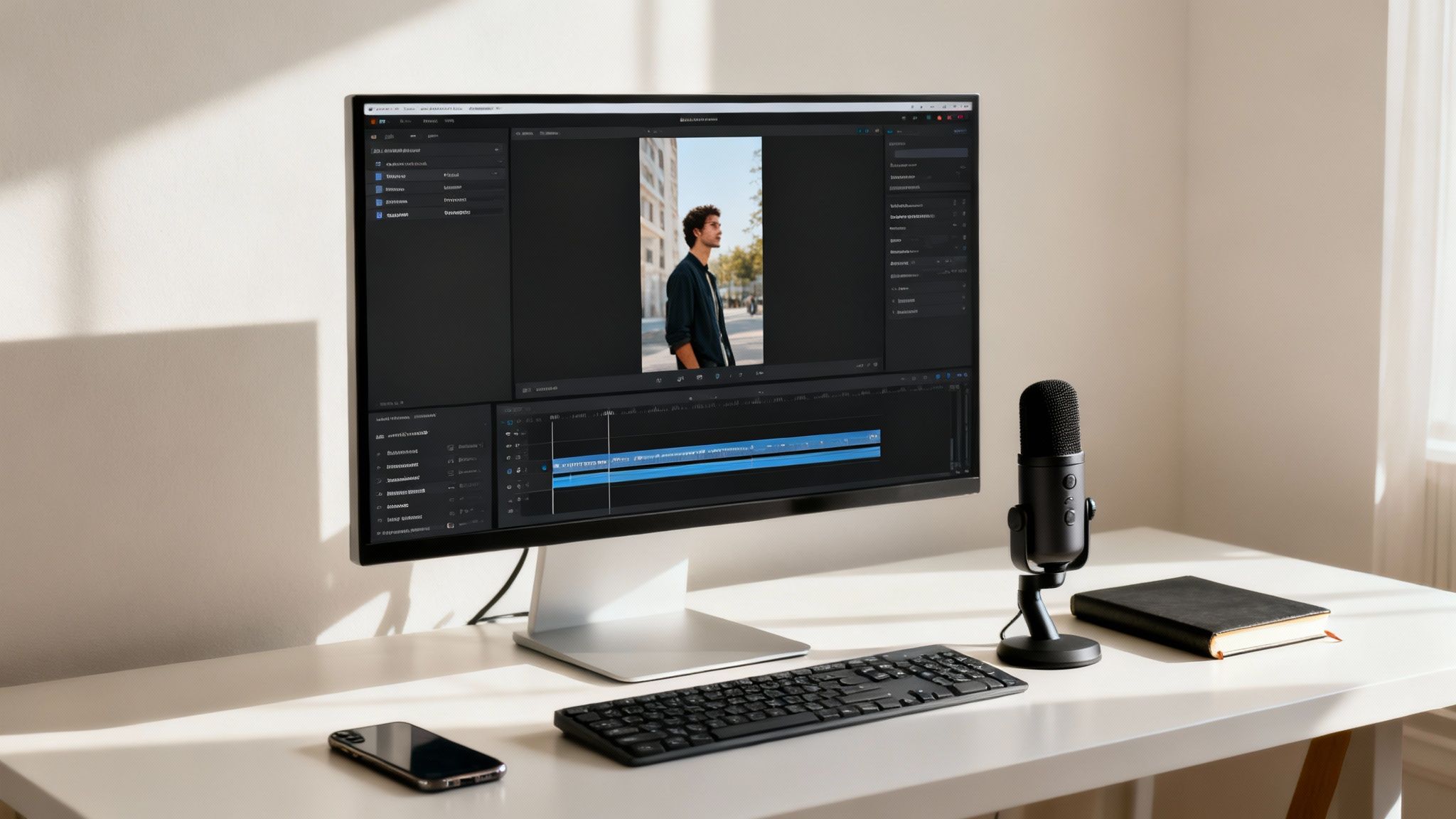 A bright modern workspace featuring a monitor displaying video editing software, a microphone, and a keyboard.