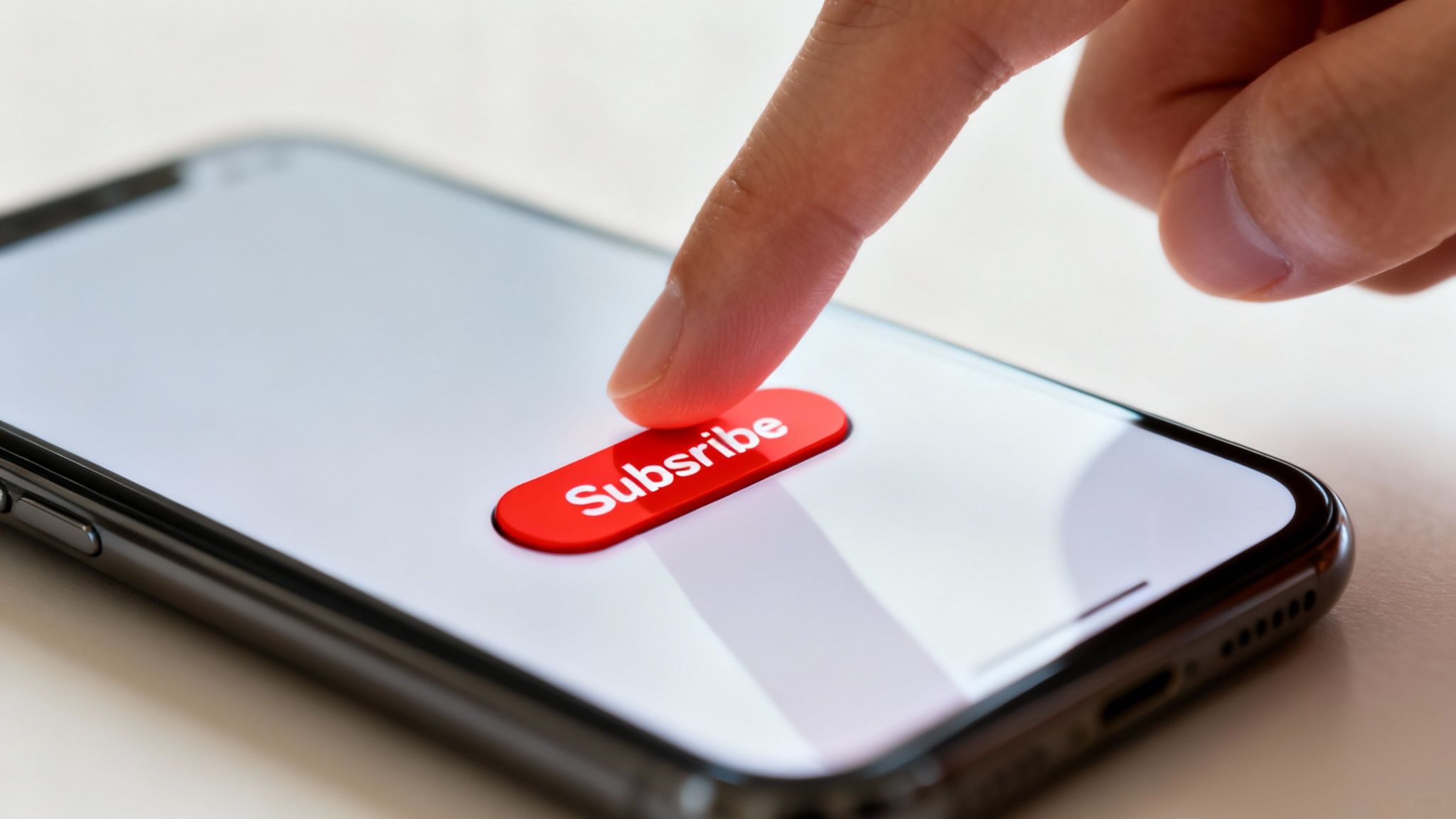 A finger presses a red 'Subscribe' button on a smartphone screen, indicating online content engagement.