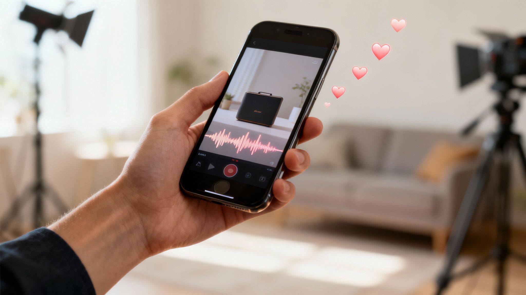 A hand holding a smartphone recording a black portable speaker with an audio waveform and floating hearts.