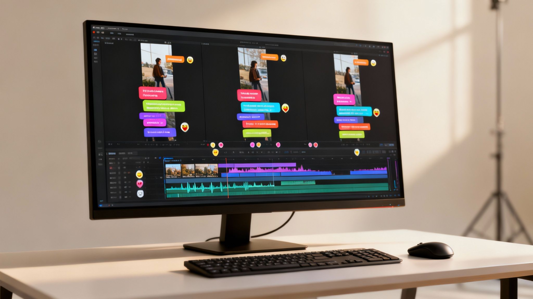 A computer monitor displays video editing software with chat bubbles and emojis on a desk.