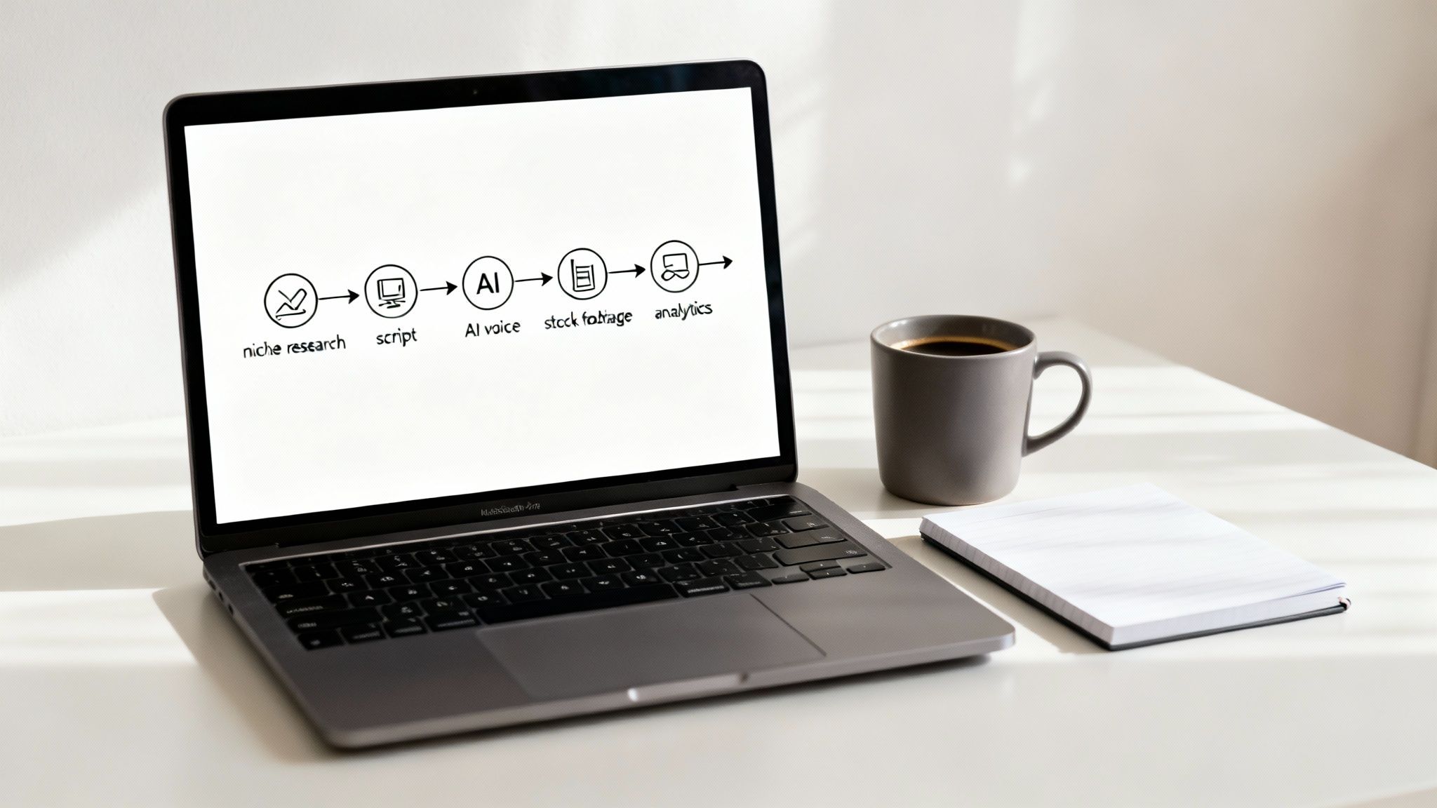 Laptop displaying AI workflow diagram for automated YouTube content creation with coffee mug