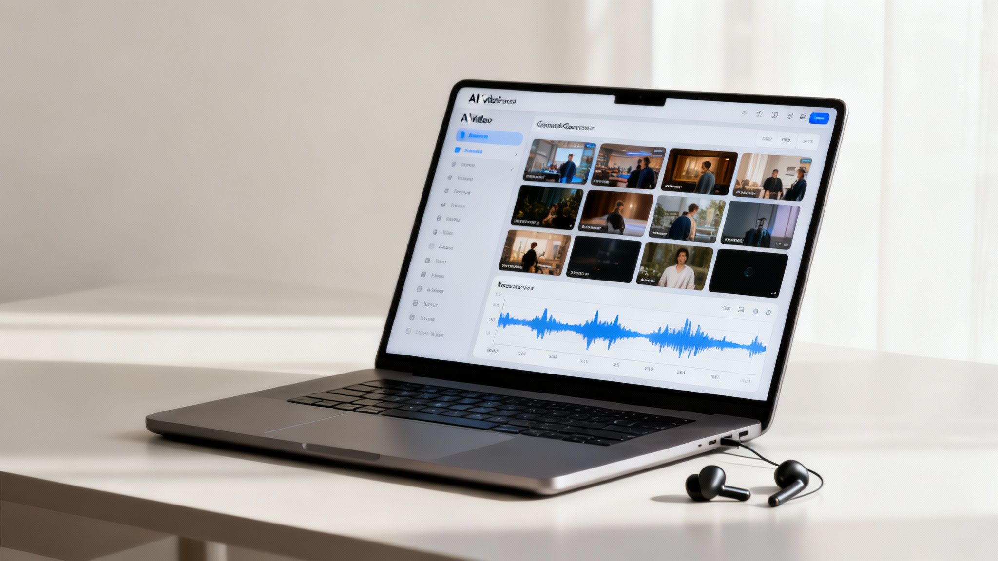A laptop displaying a video editing application with video thumbnails and an audio waveform, next to black earbuds.