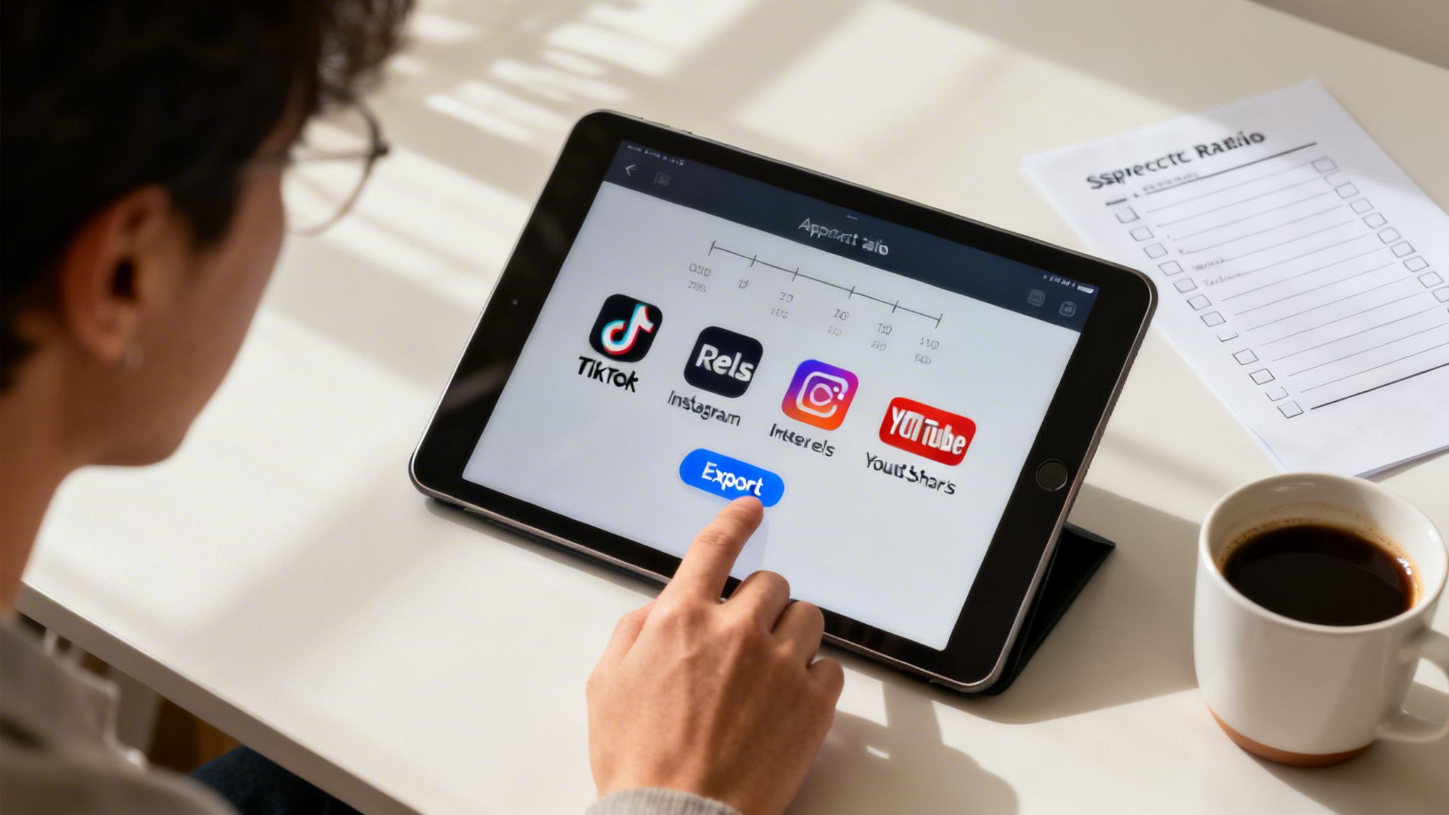 A person's hand taps an export button on a tablet displaying social media icons and ratios.