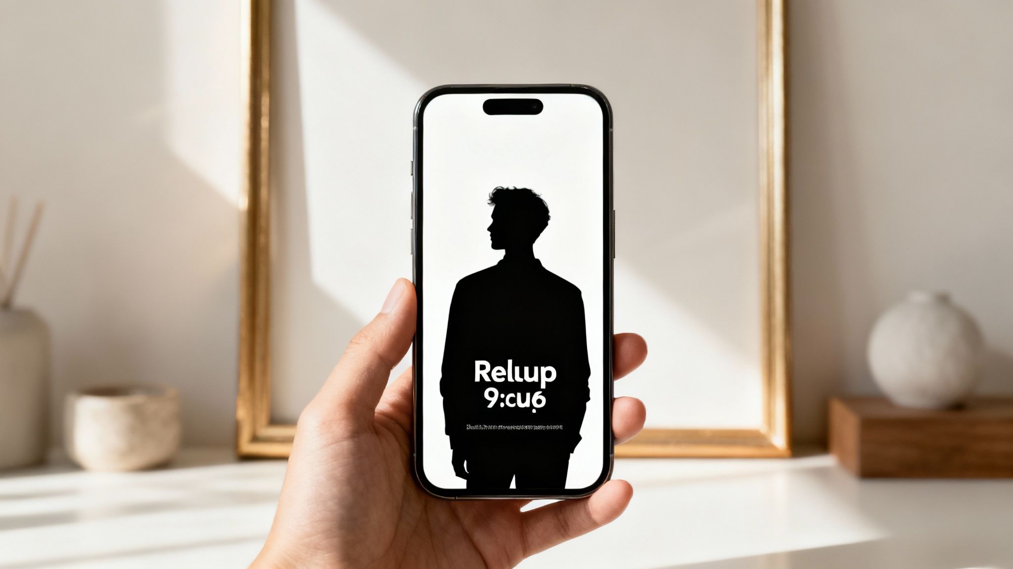 A hand holding a smartphone showing a man's silhouette with text against a warm indoor background.