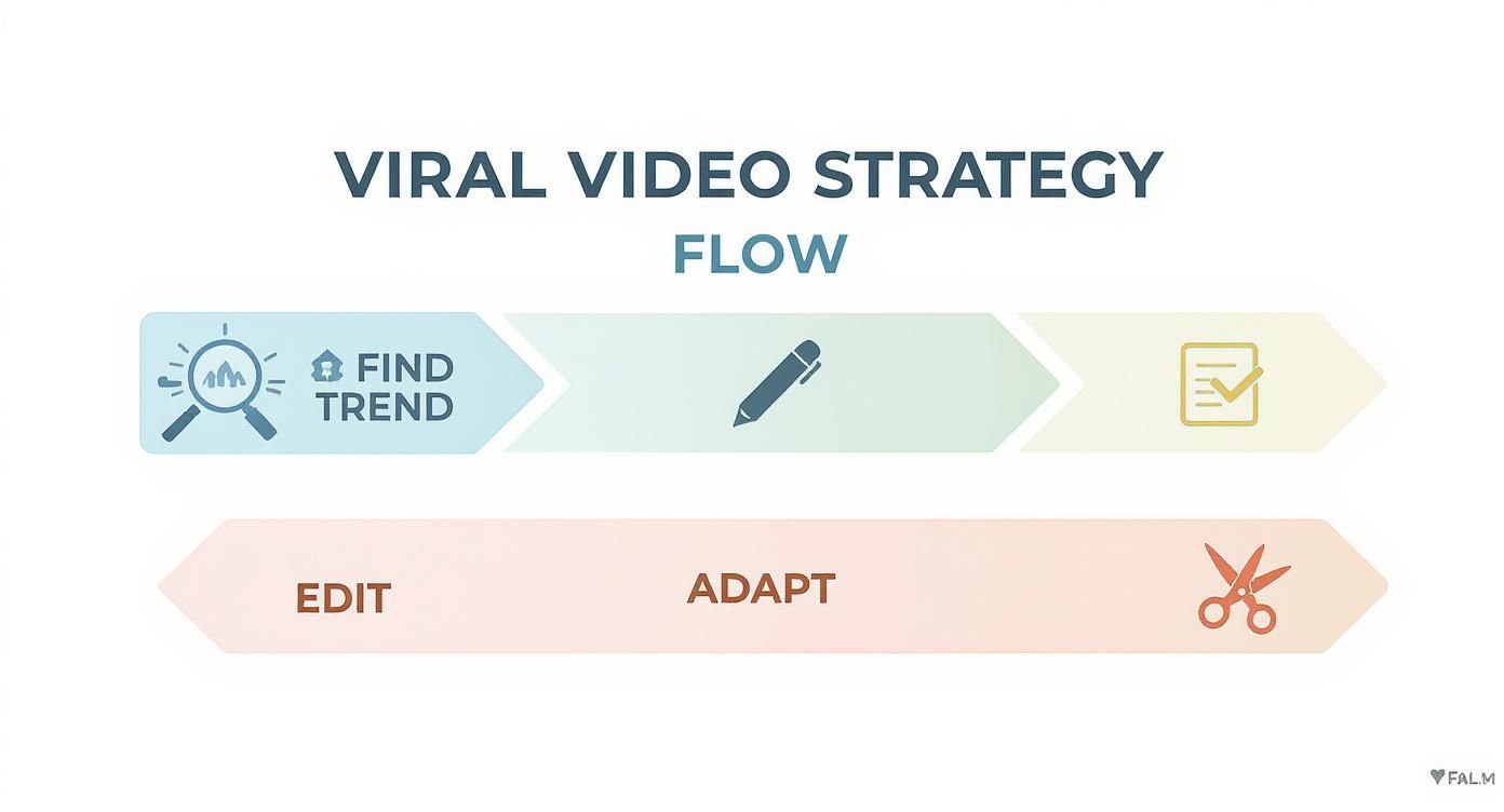 A diagram illustrating the Viral Video Strategy Flow with steps like Find Trend, Edit, and Adapt.