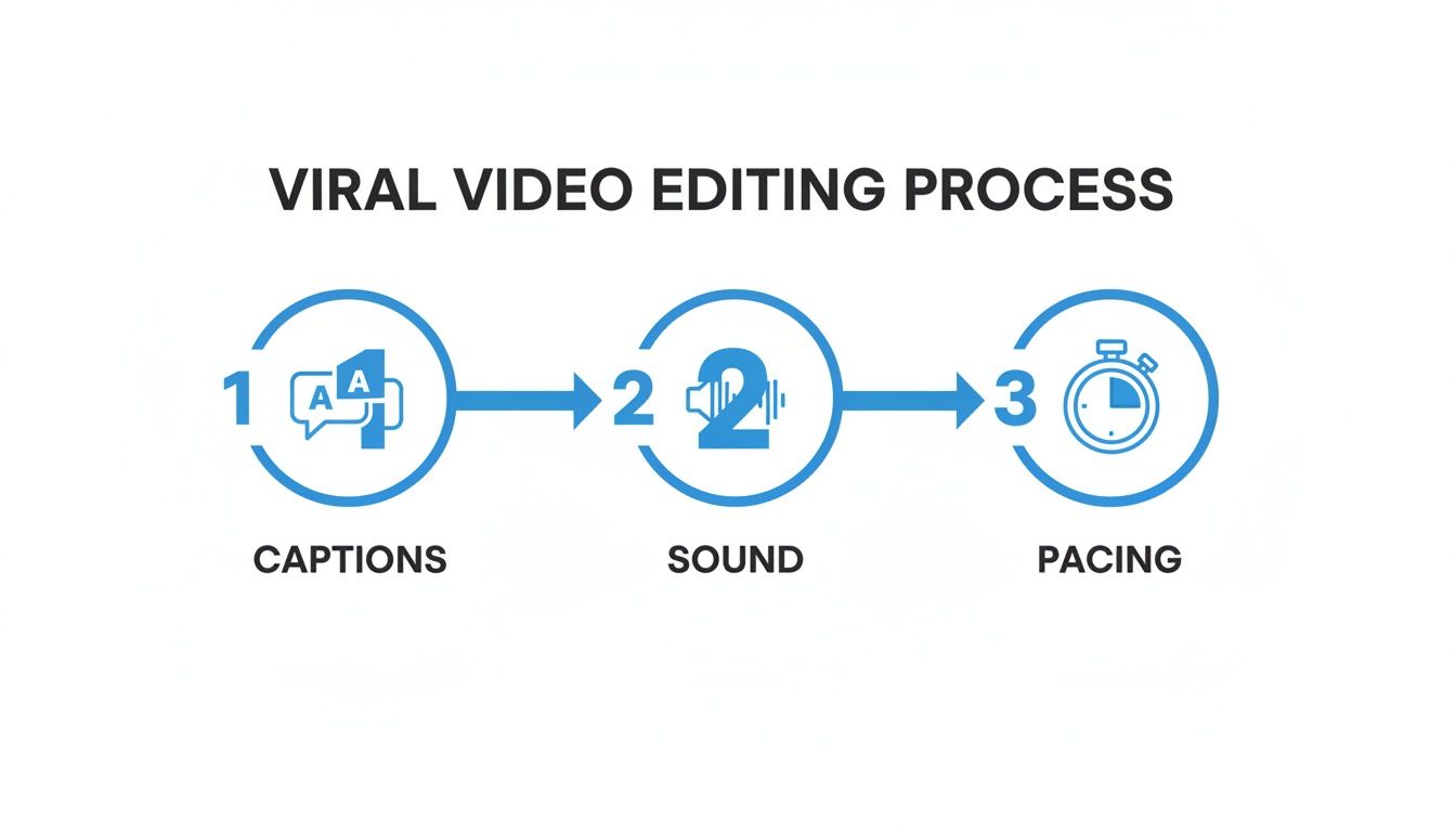Diagram illustrating the viral video editing process with steps for captions, sound, and pacing.