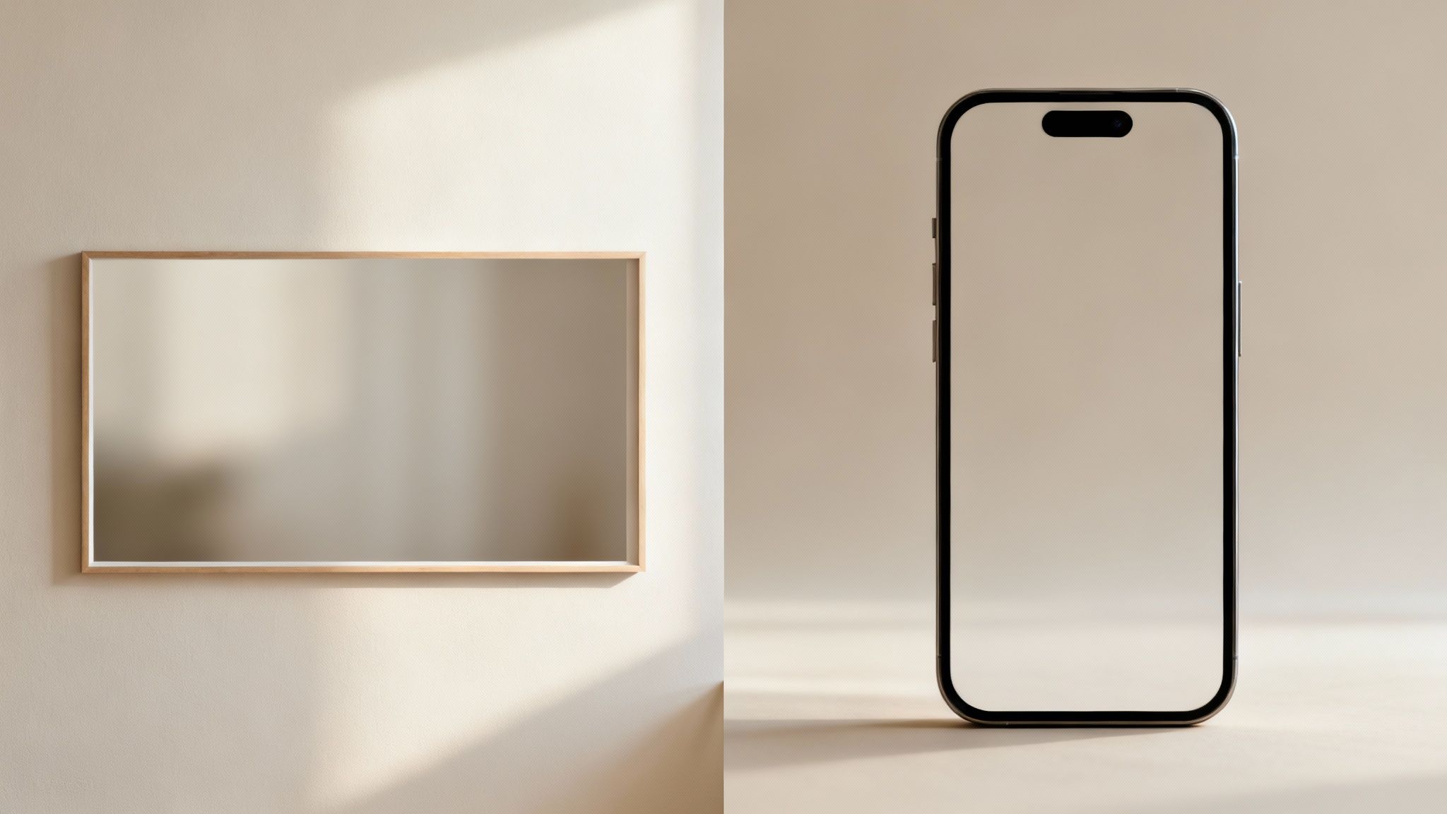 Minimalist smartphone mockup with blank screen standing vertically on beige background with mirror