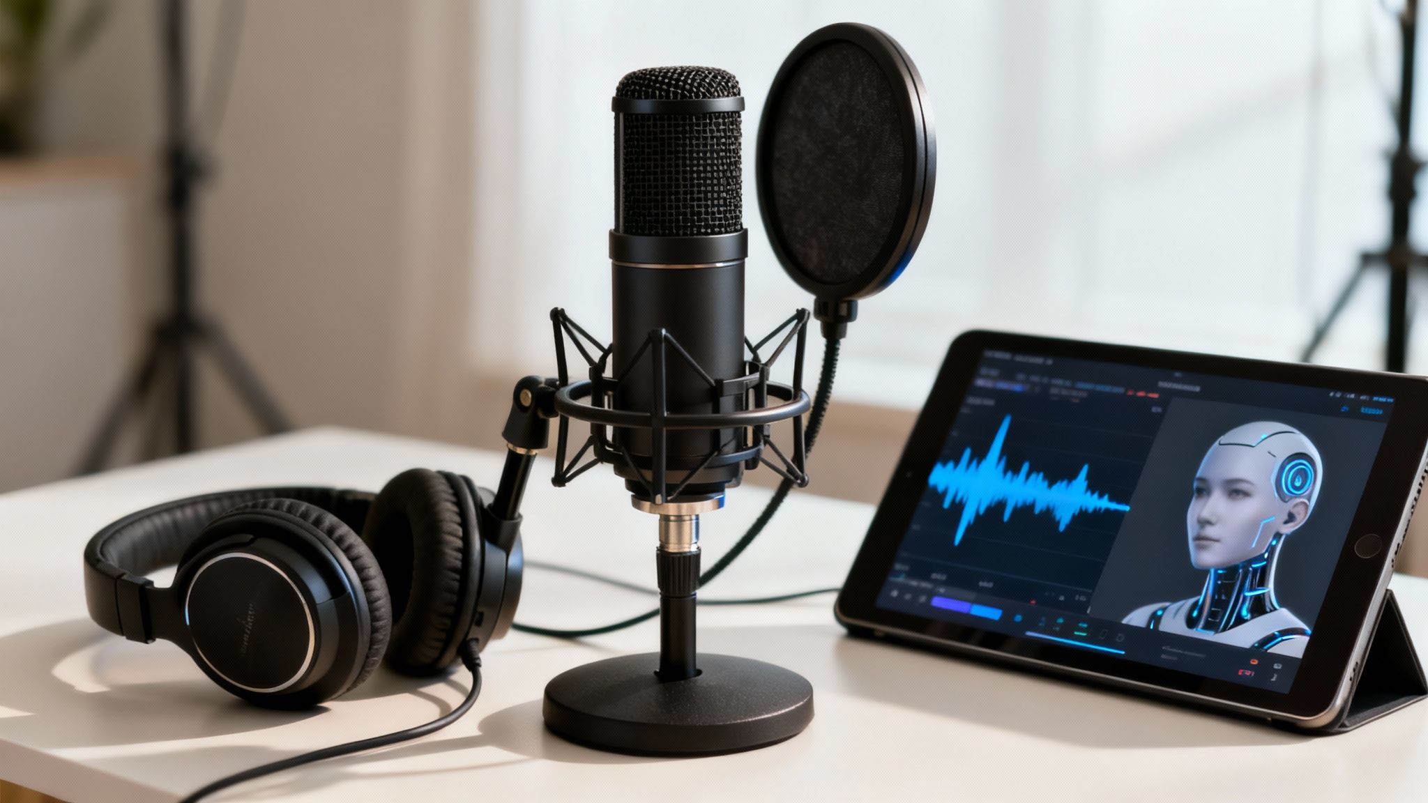 Une configuration podcast professionnelle avec un microphone, des écouteurs et une tablette affichant un avatar IA et une forme d'onde audio.
