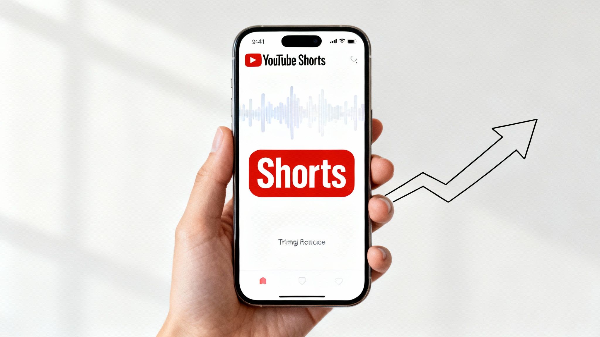 A hand holds a smartphone featuring the YouTube Shorts app and a rising arrow.