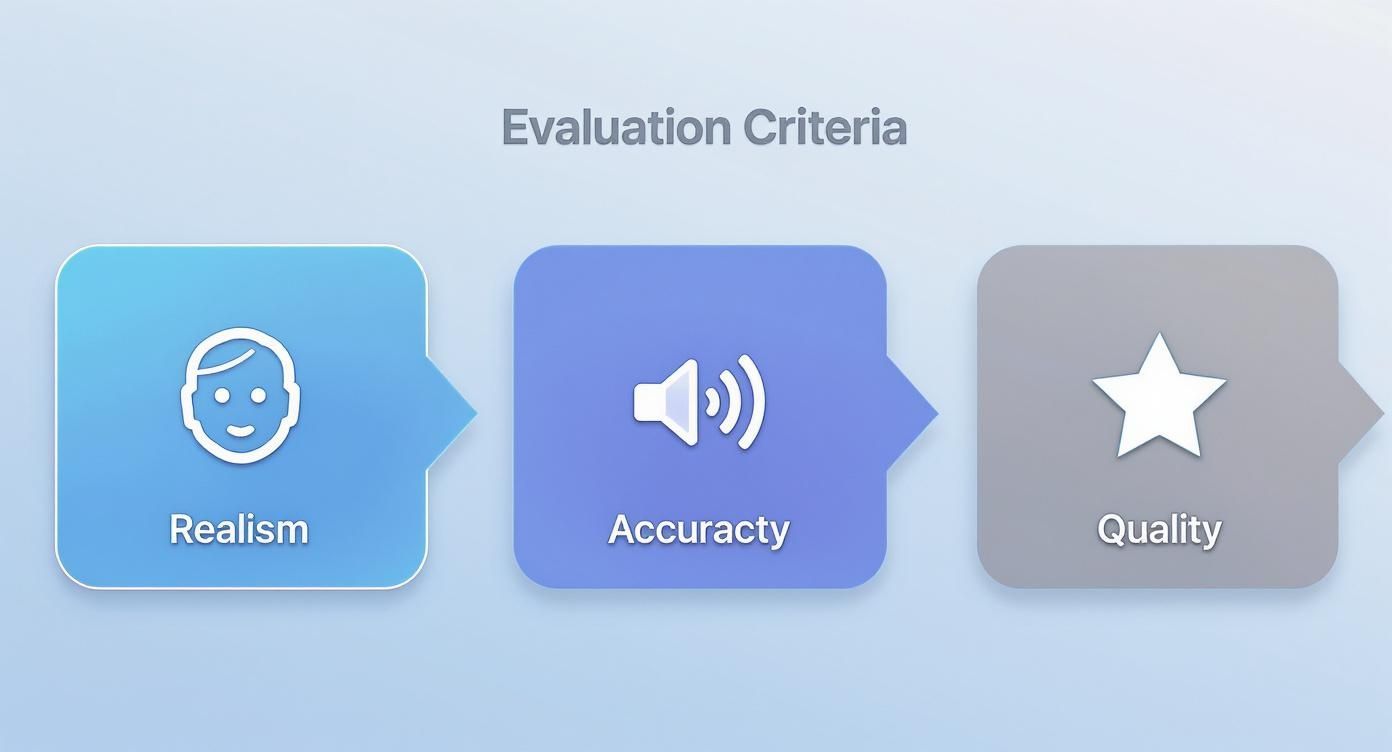Infographic summarizing evaluation criteria for AI video generators including realism, accuracy, and quality