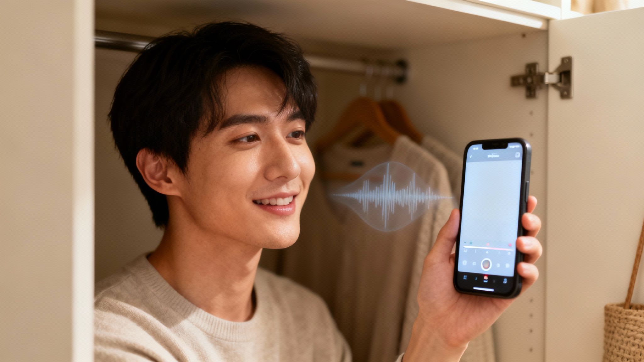 A young man smiles while using voice control on a smartphone inside a bright wardrobe.