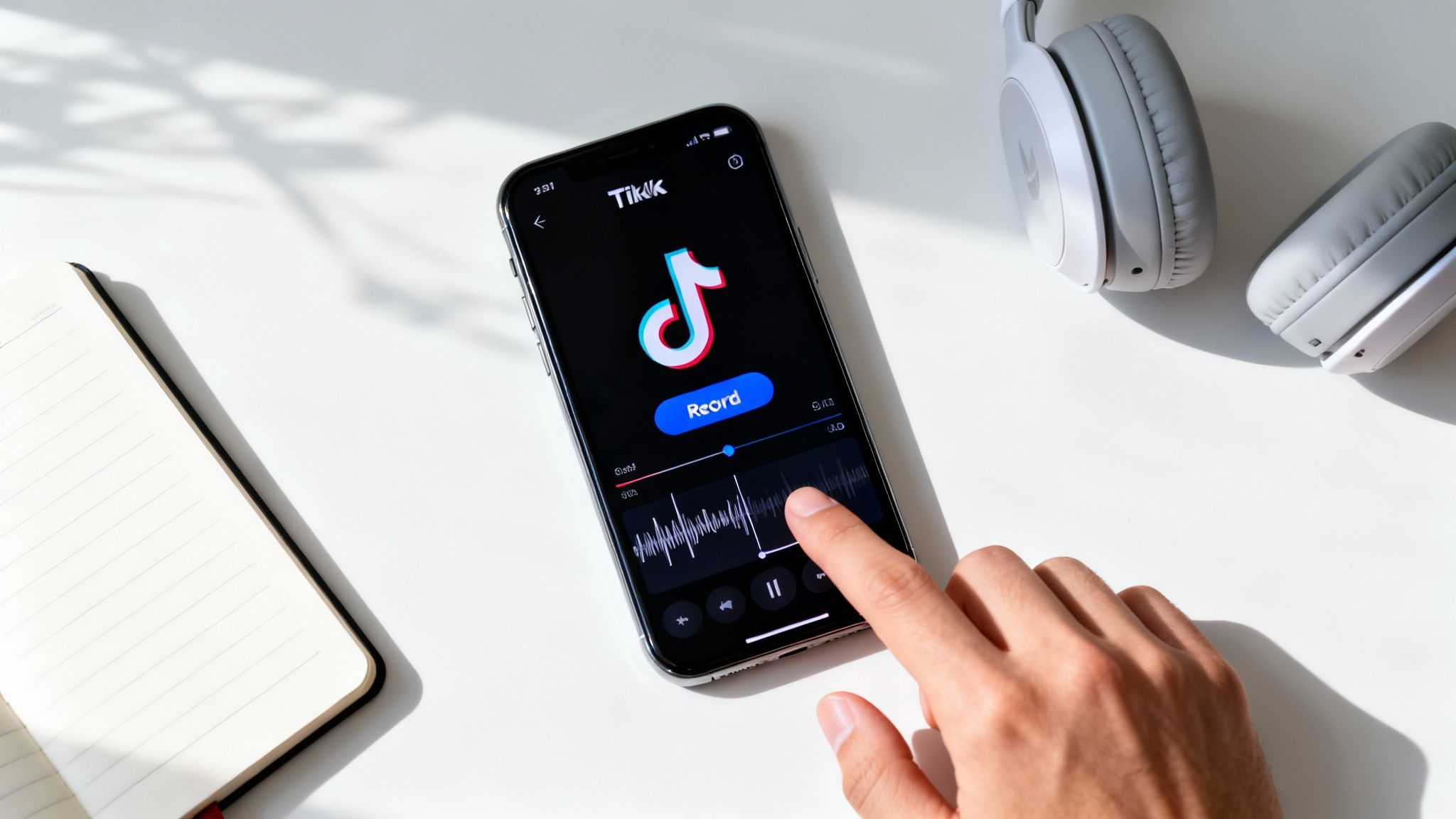 A person's hand interacts with a smartphone running the TikTok app for audio recording, with headphones.