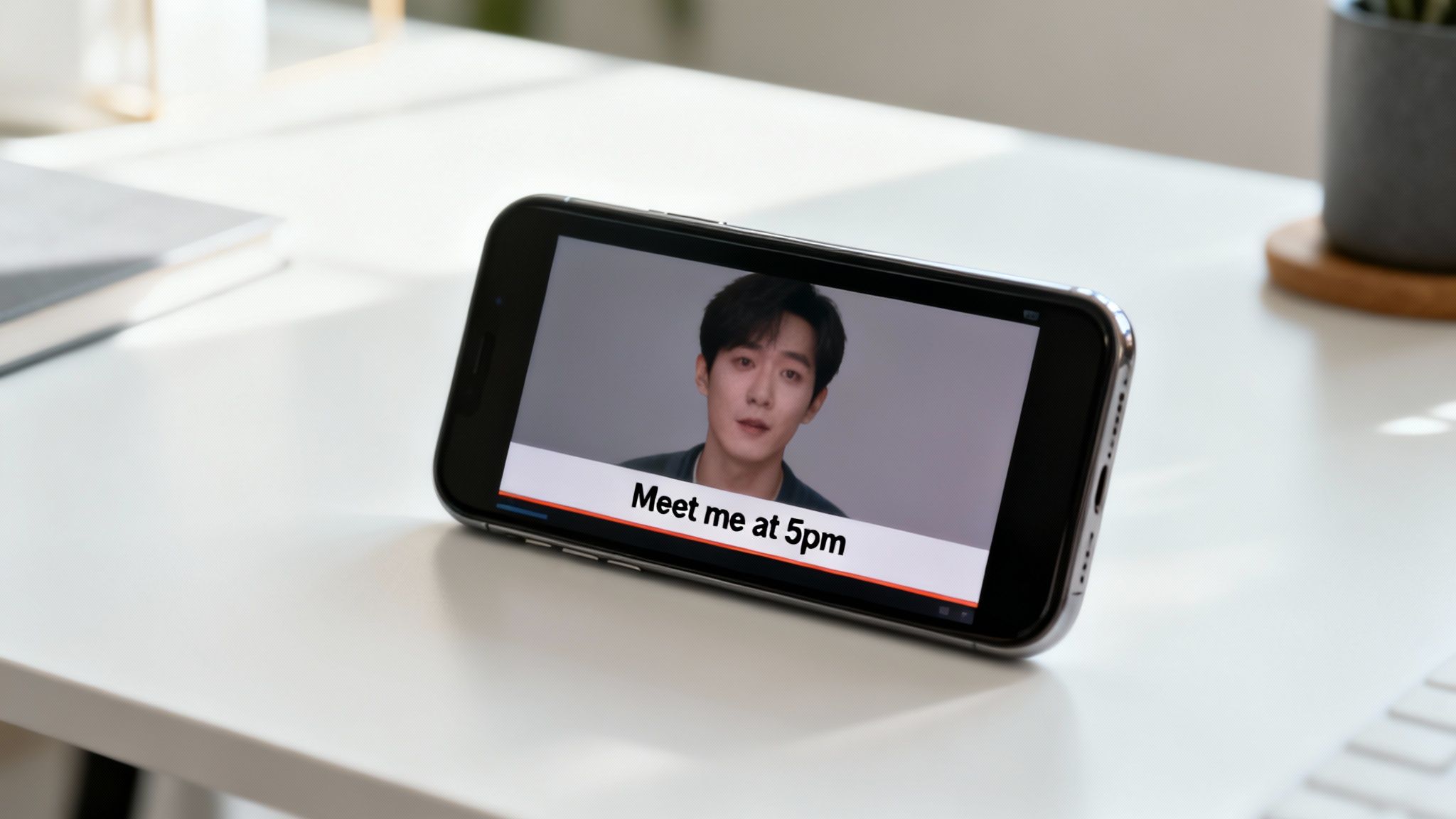 A smartphone on a white desk displays a video of a man with the caption "Meet me at 5pm" visible.