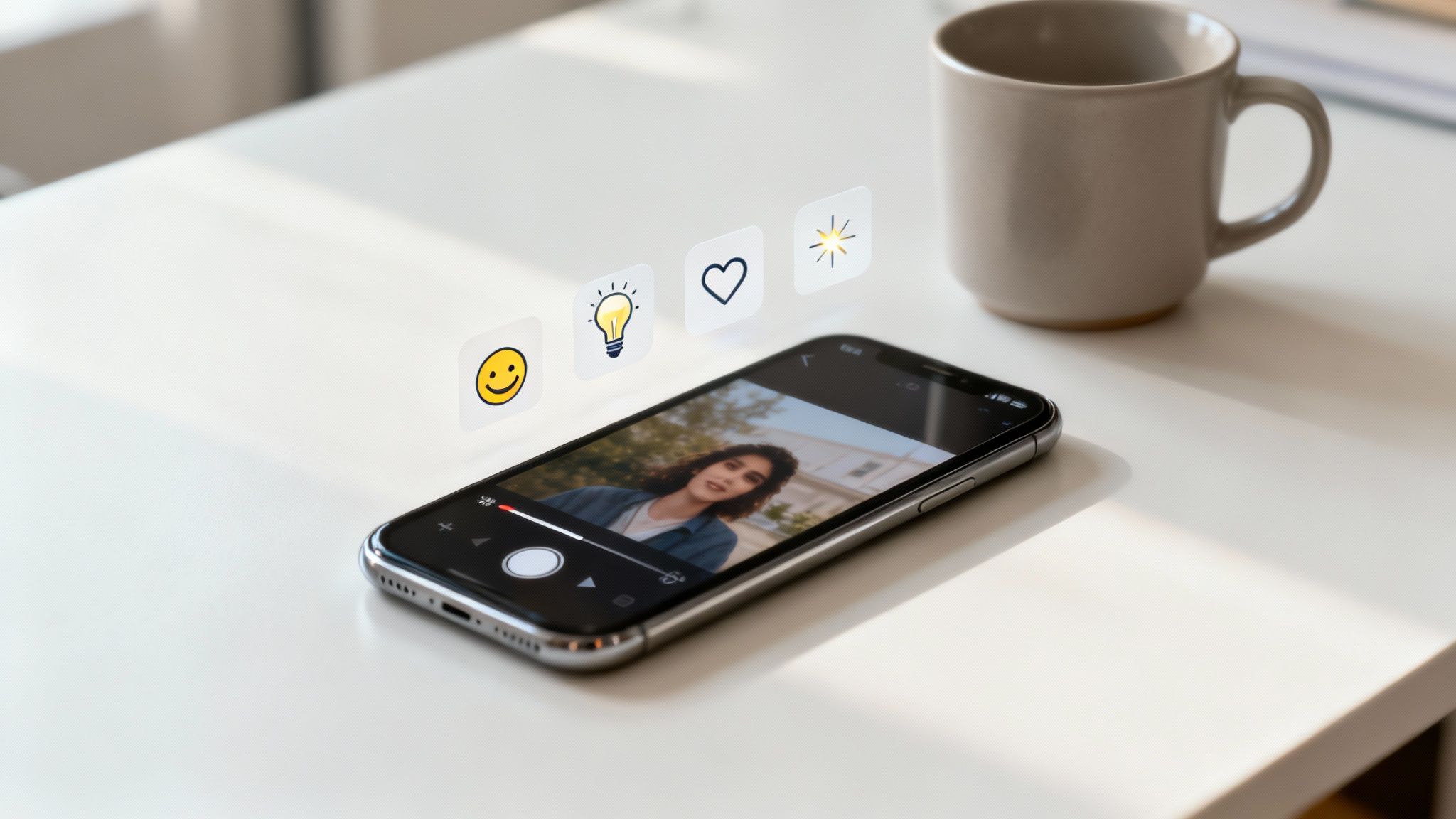 Smartphone displaying video call on white desk with coffee mug and emoji sticky notes