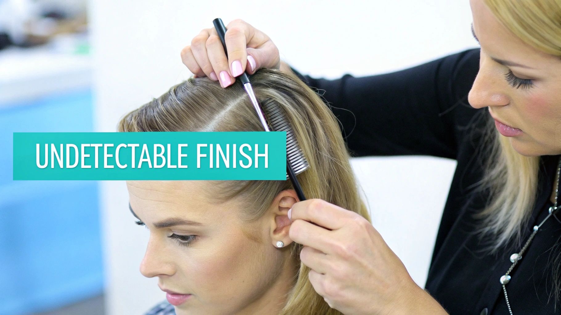 A hairstylist precisely parts a woman's blonde hair with a comb for an undetectable finish.