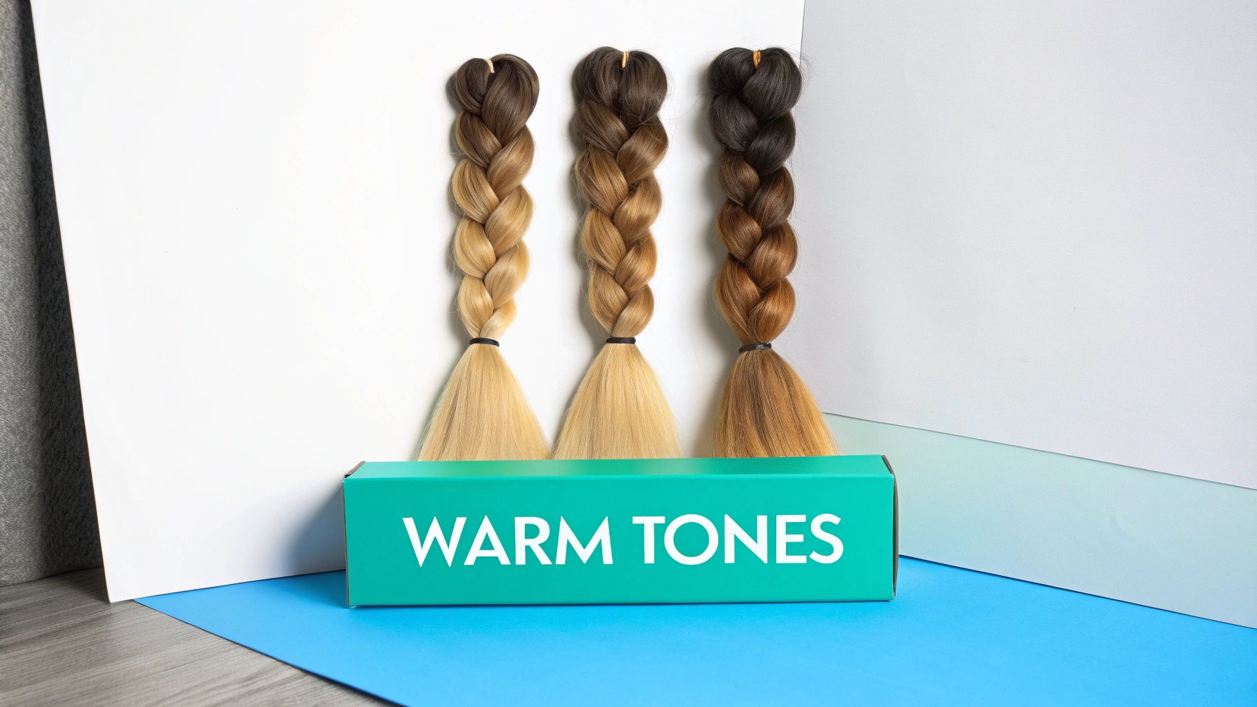Three braided ombre hair extensions, transitioning from dark to warm blonde and brown tones, with a 'WARM TONES' box.
