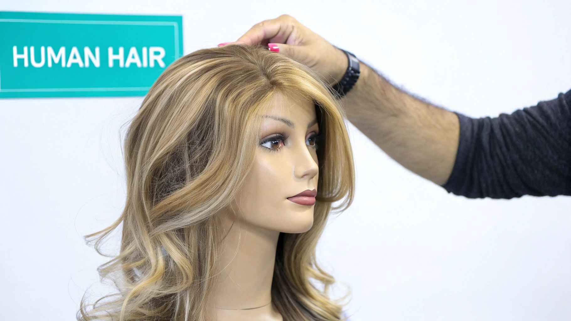 A person's hand adjusts a blonde human hair wig on a mannequin head, with a 'HUMAN HAIR' sign visible.
