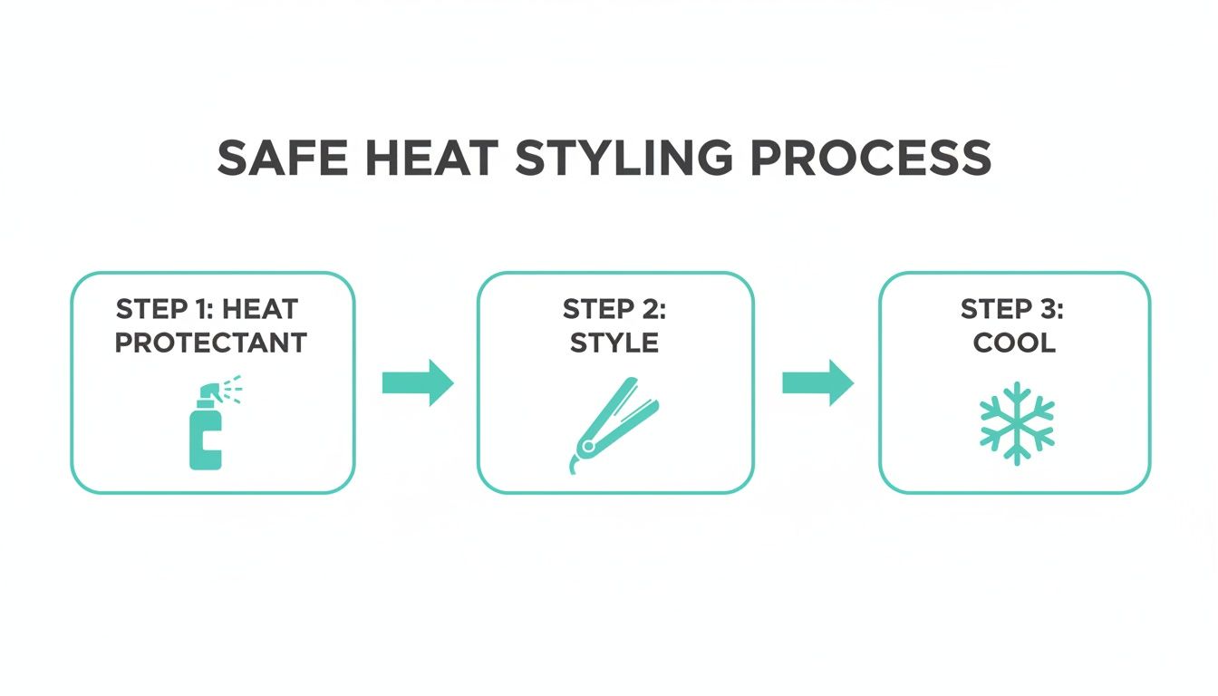 A diagram illustrating the safe heat styling process for hair, including protectant, style, and cool steps.