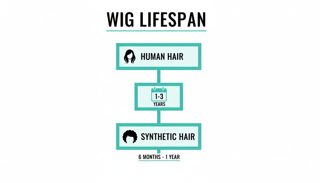 A diagram illustrating wig lifespan: human hair wigs last 1-3 years, while synthetic hair wigs last 6 months to 1 year.