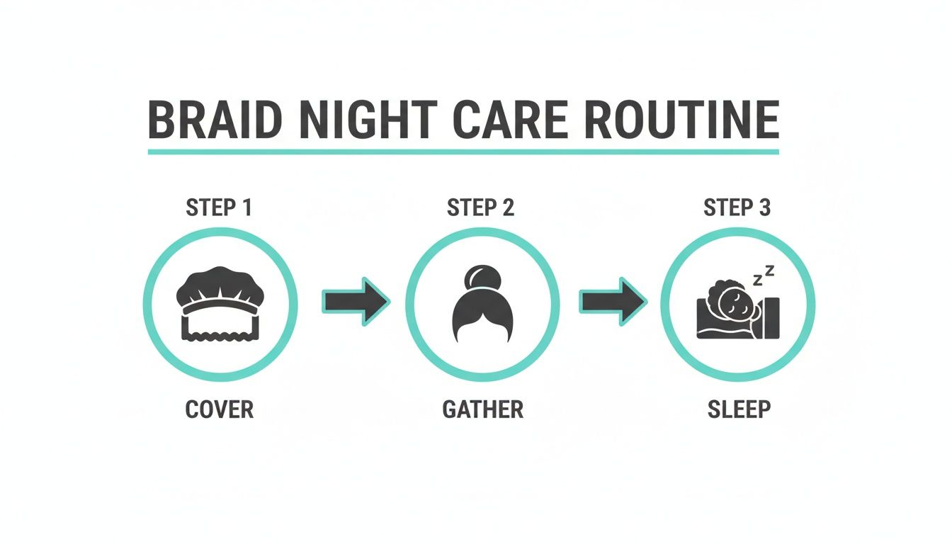 Infographic showing a 3-step braid night care routine: cover, gather, then sleep.