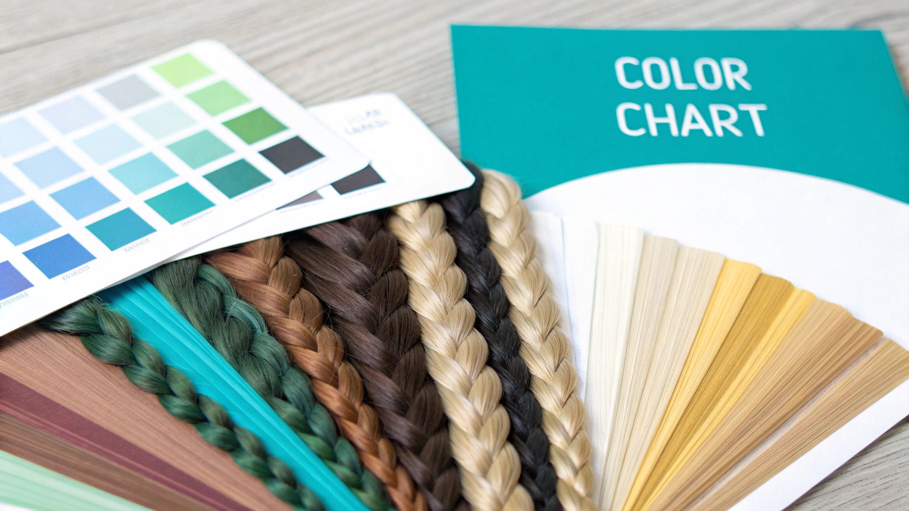 Multiple hair color swatches, braided extensions, and a color chart on a wooden surface.