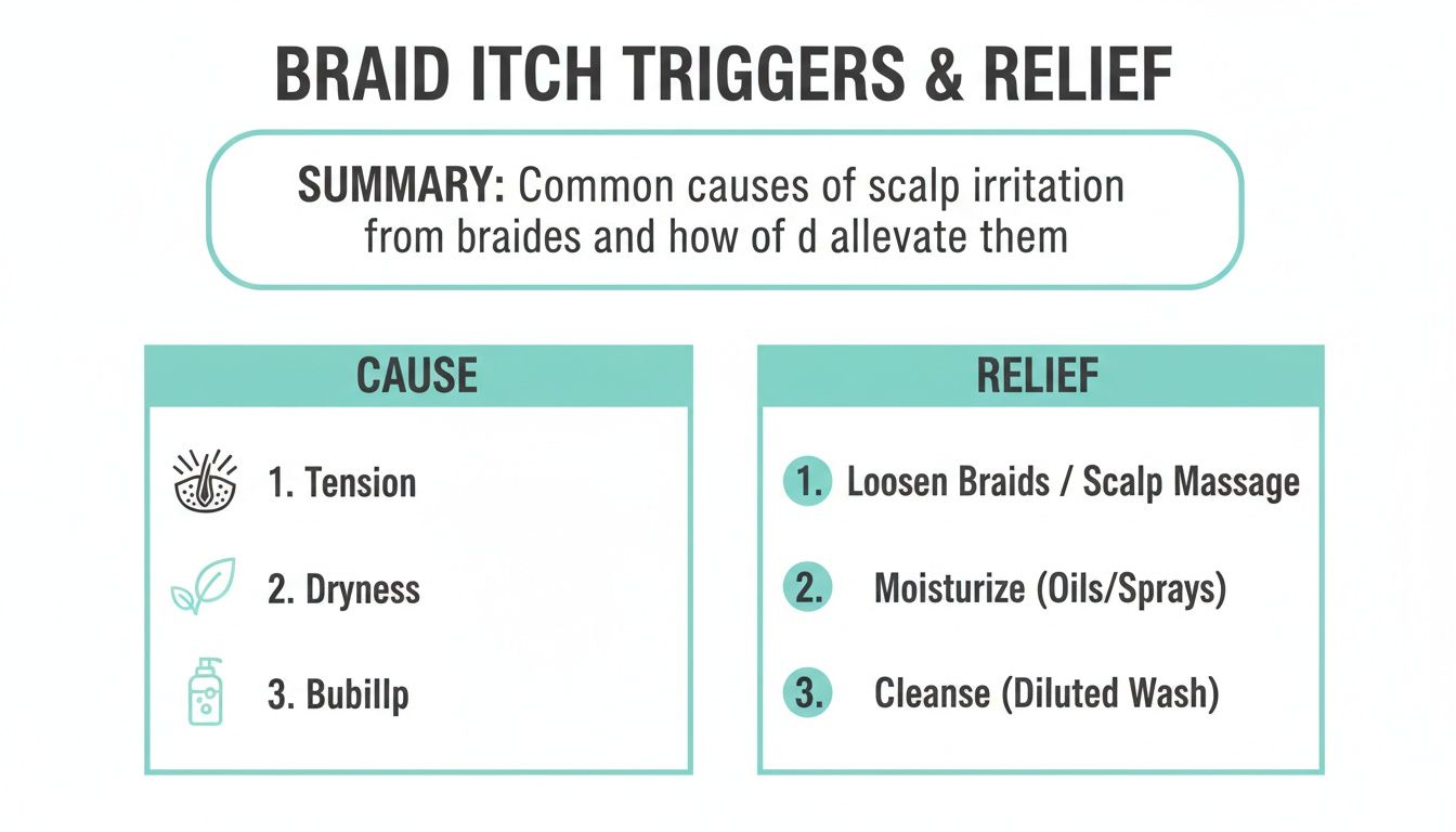 Infographic on braid itch causes (tension, dryness, buildup) and relief (loosen braids, moisturize, cleanse scalp).