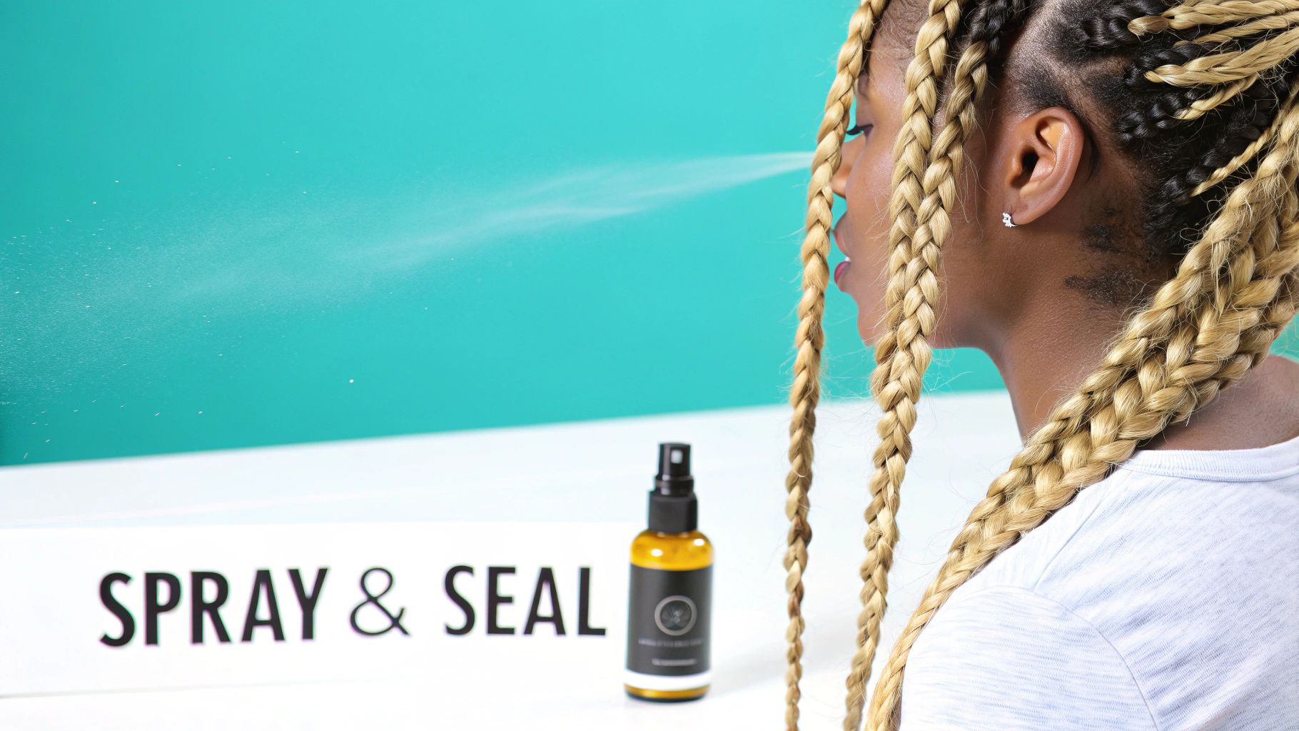 Side view of a person with long blonde braids spraying hair product, with a bottle and "SPRAY & SEAL" text visible.