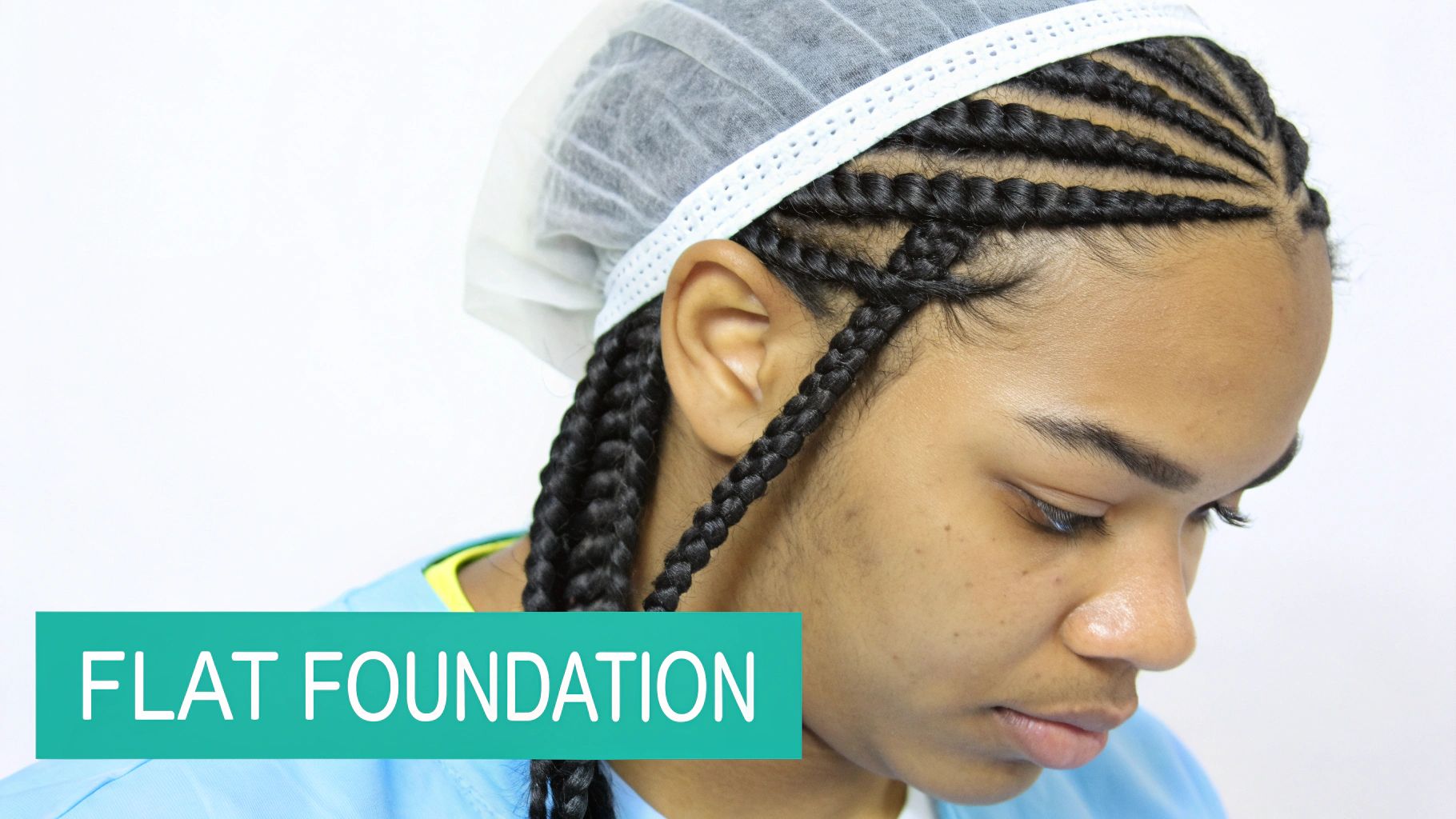 A person with cornrow braids and a disposable hair net, wearing a blue top, with text 'FLAT FOUNDATION'.