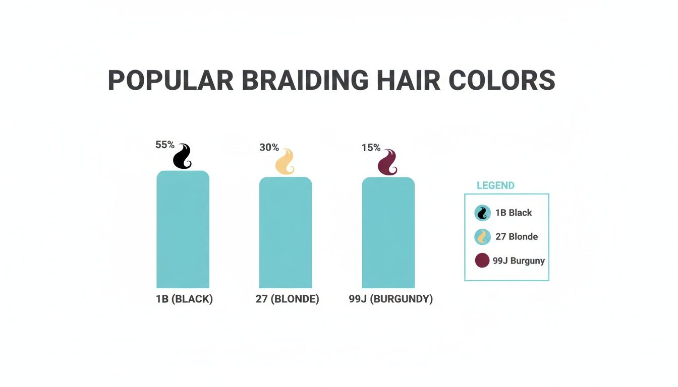 Bar chart displaying popular braiding hair colors: Black (55%), Blonde (30%), and Burgundy (15%).