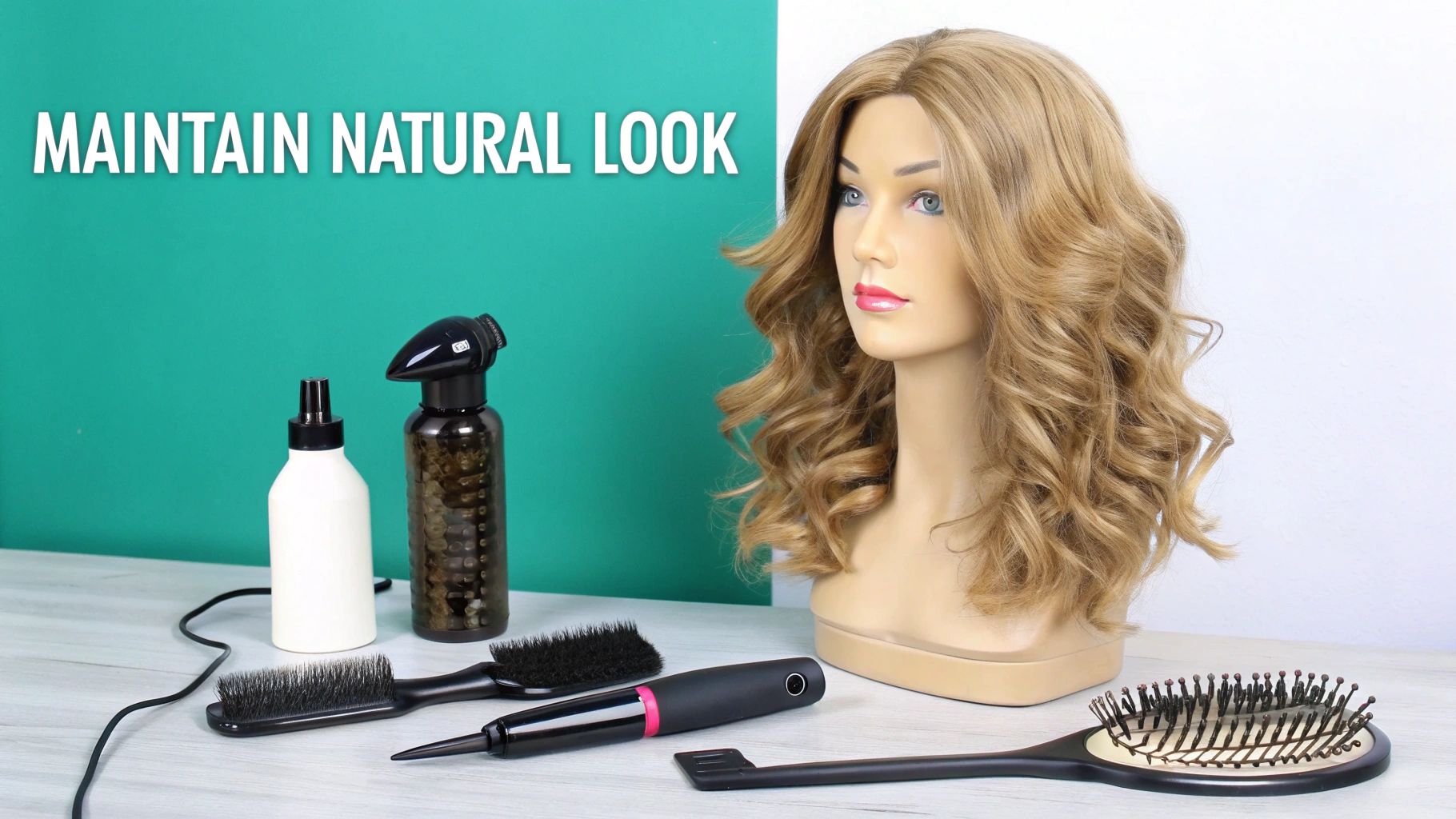 Mannequin head with a blonde wavy wig and various hair care tools for wig styling.