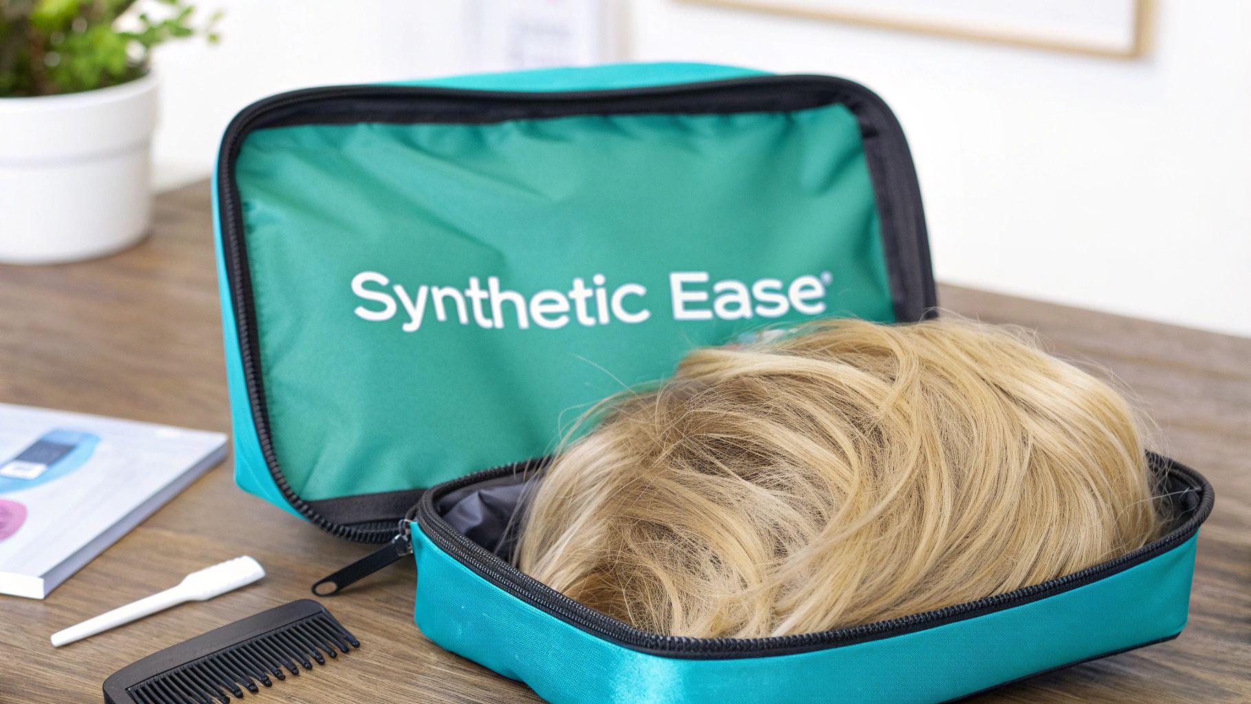 Blonde synthetic wig stored in a teal "Synthetic Ease" travel case with a comb and brush.