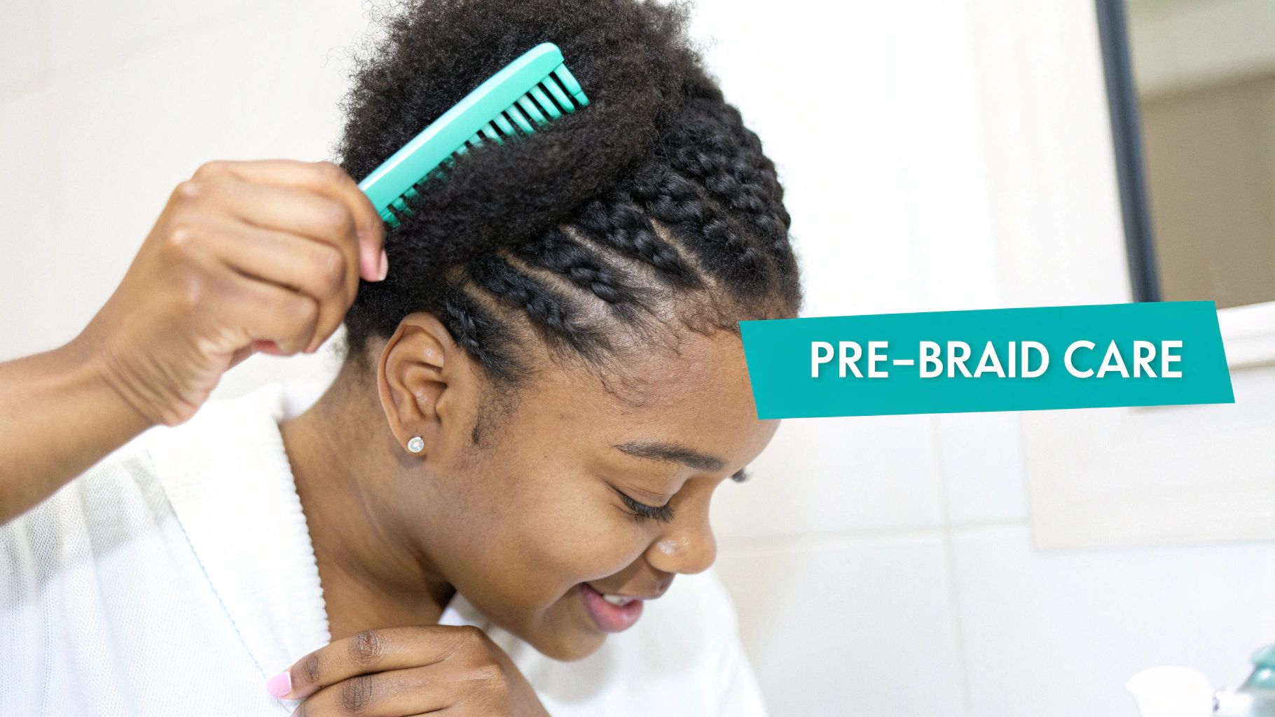 A smiling woman with braided and natural hair uses a comb for pre-braid care.