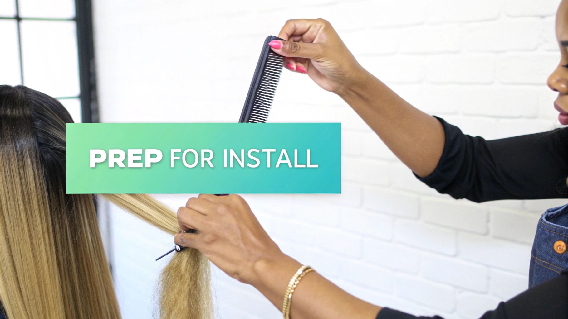 A stylist's hands sectioning and combing blonde hair, preparing for an install, with text 'PREP FOR INSTALL'.
