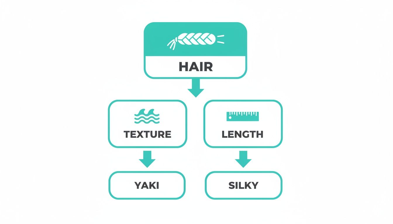 A flowchart illustrating hair attributes, categorizing hair by texture (yaki) and length (silky).