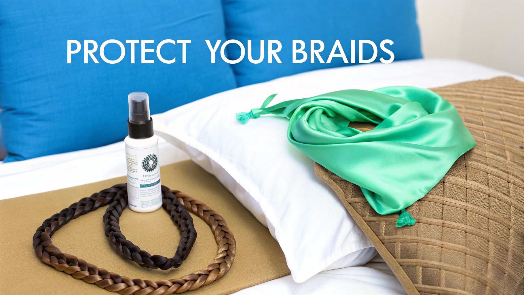 A white spray bottle, two-tone braided hair extension, and a green silk scarf on a bed. Text: PROTECT YOUR BRAIDS.