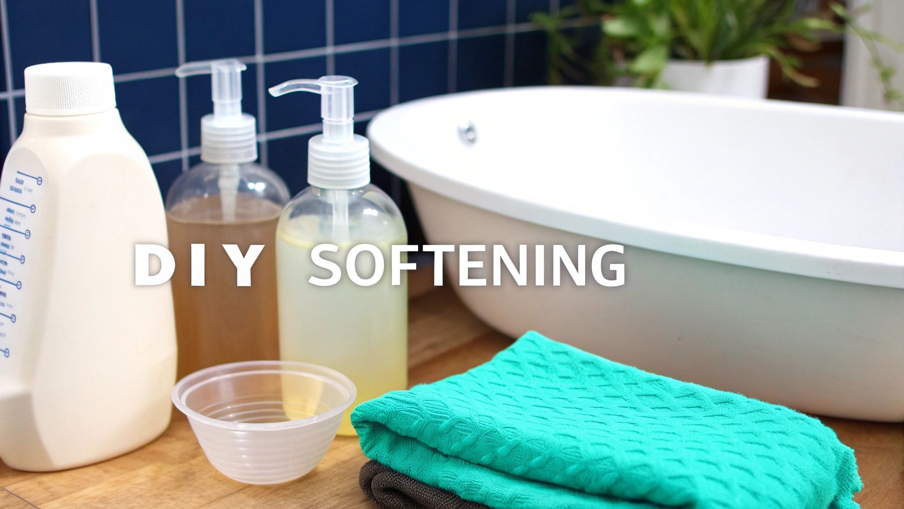 Ingredients and tools for DIY softening, including bottles of liquid, a bowl, and towels, next to a bathtub.