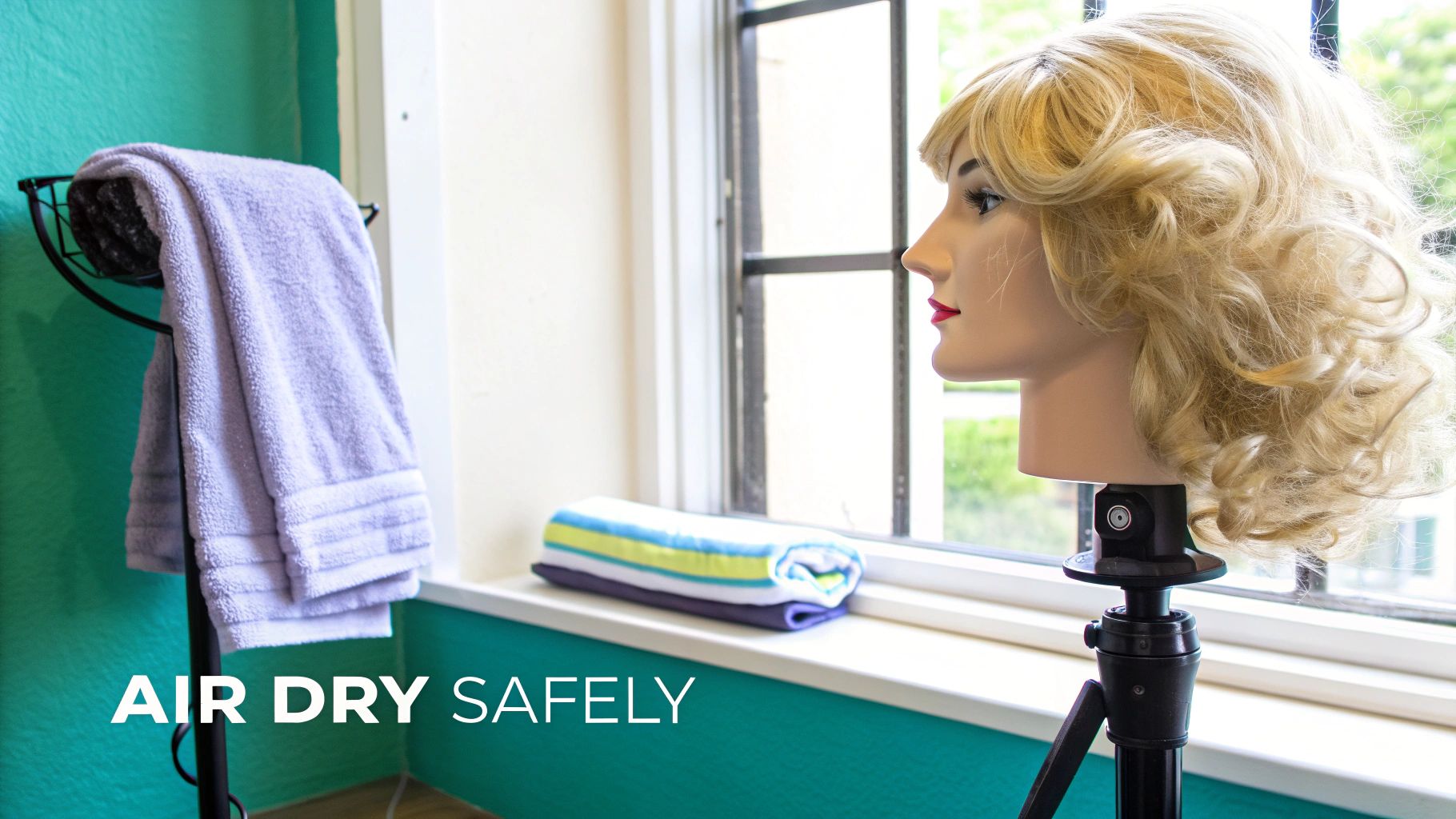 A blonde wig on a mannequin head air drying by a window, with towels nearby.