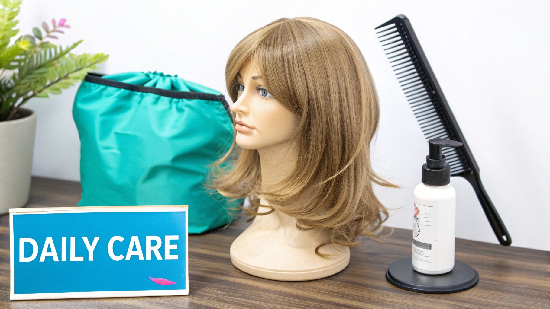Mannequin head with blonde wig, a comb, hair product, and 'DAILY CARE' sign for wig maintenance.