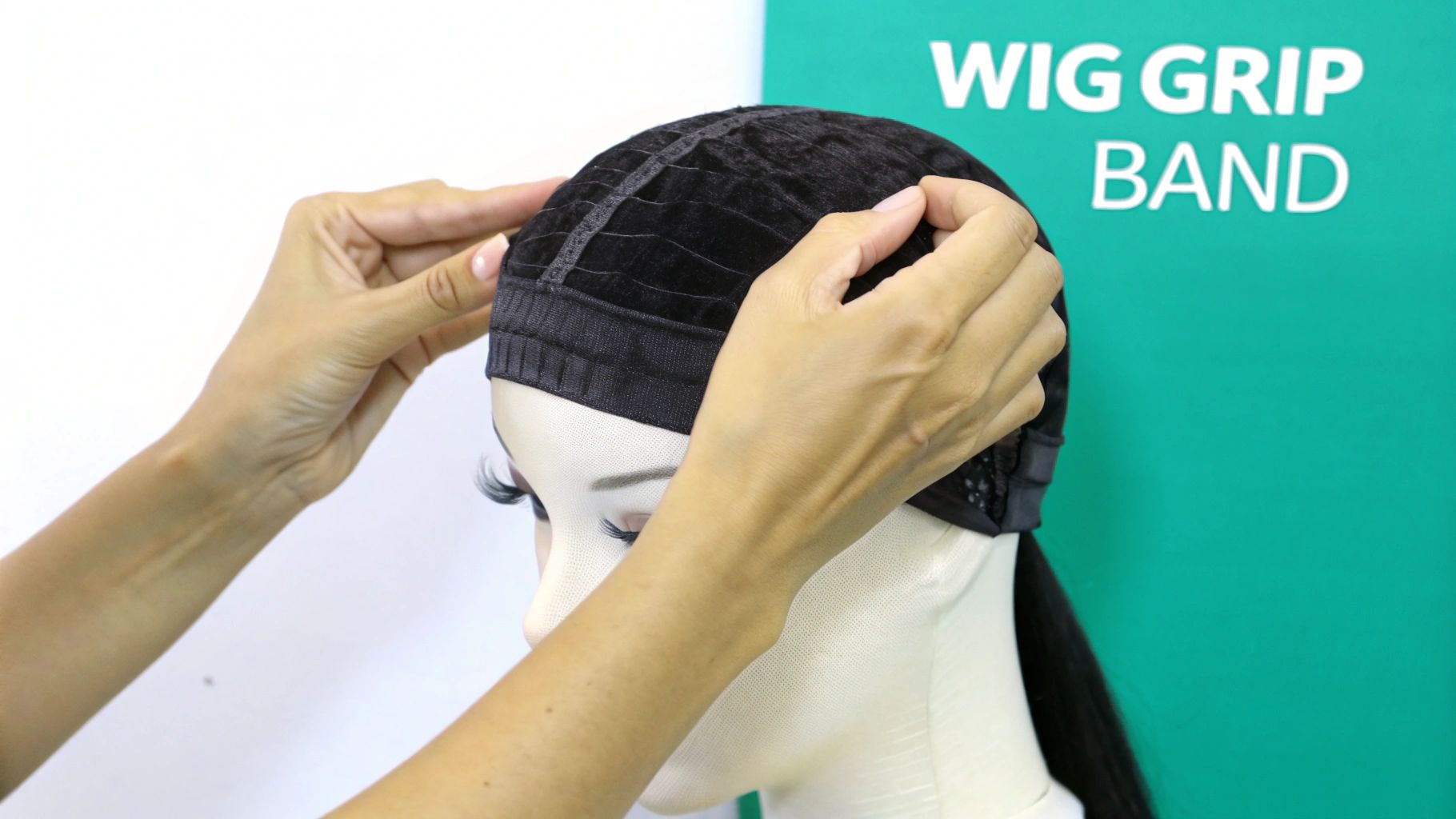Hands adjusting a black wig grip band on a mannequin head with long hair.