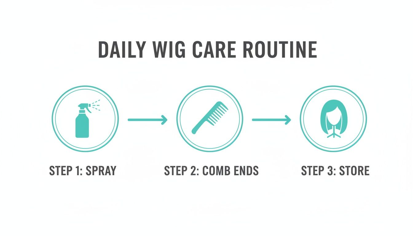 A graphic illustrating a daily wig care routine with three steps: spray, comb ends, and store.