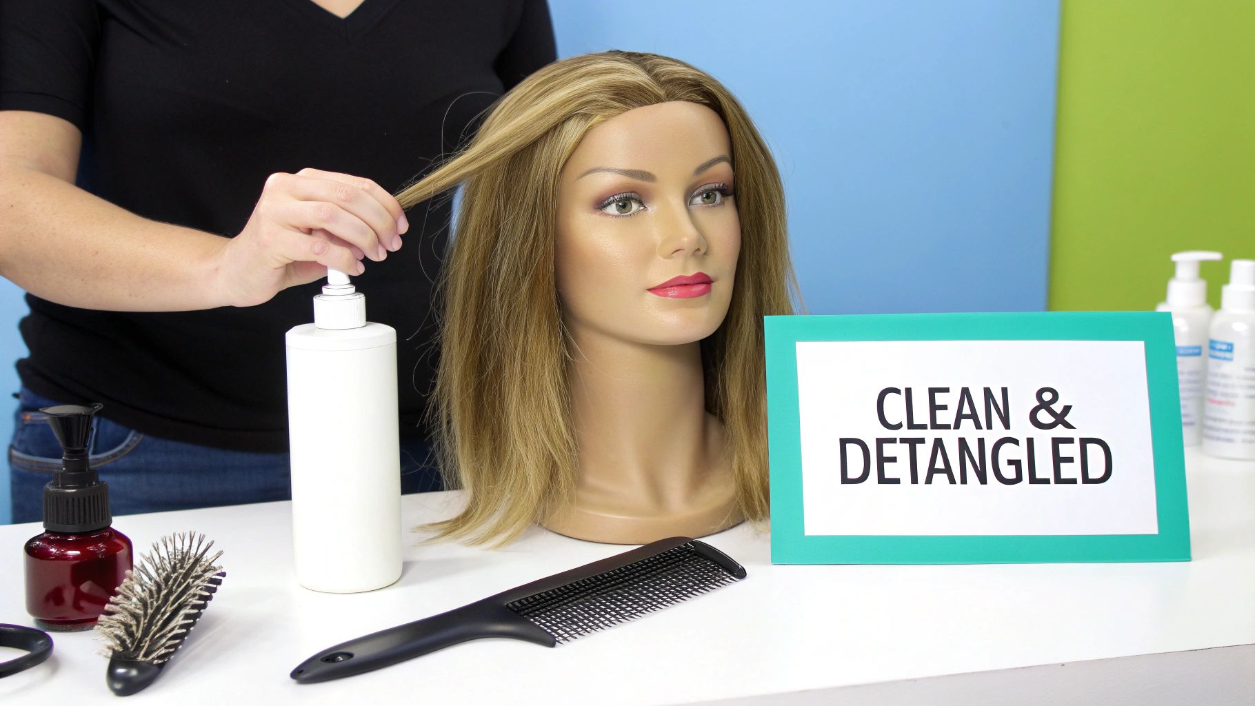 A person applies hair product to a blonde wig on a mannequin head, surrounded by hair tools and a sign.