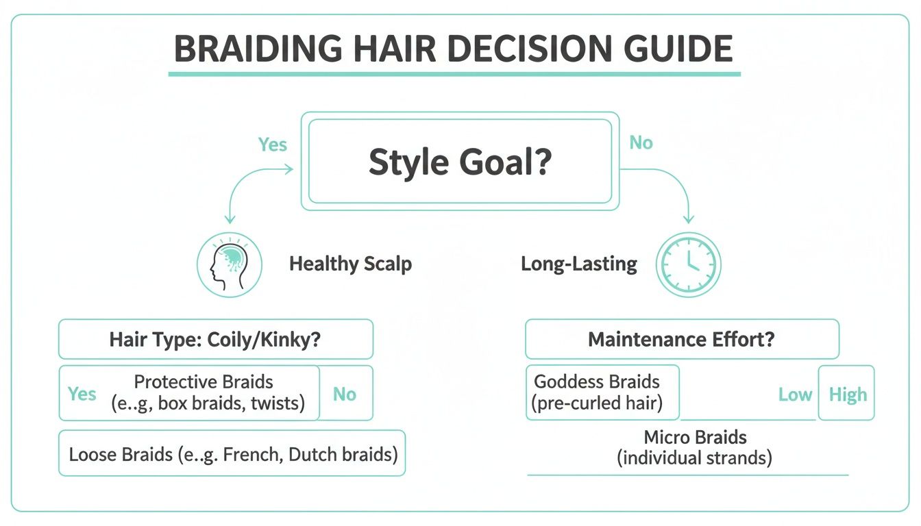 A braiding hair decision guide flowchart helping choose styles based on goals like healthy scalp or long-lasting.