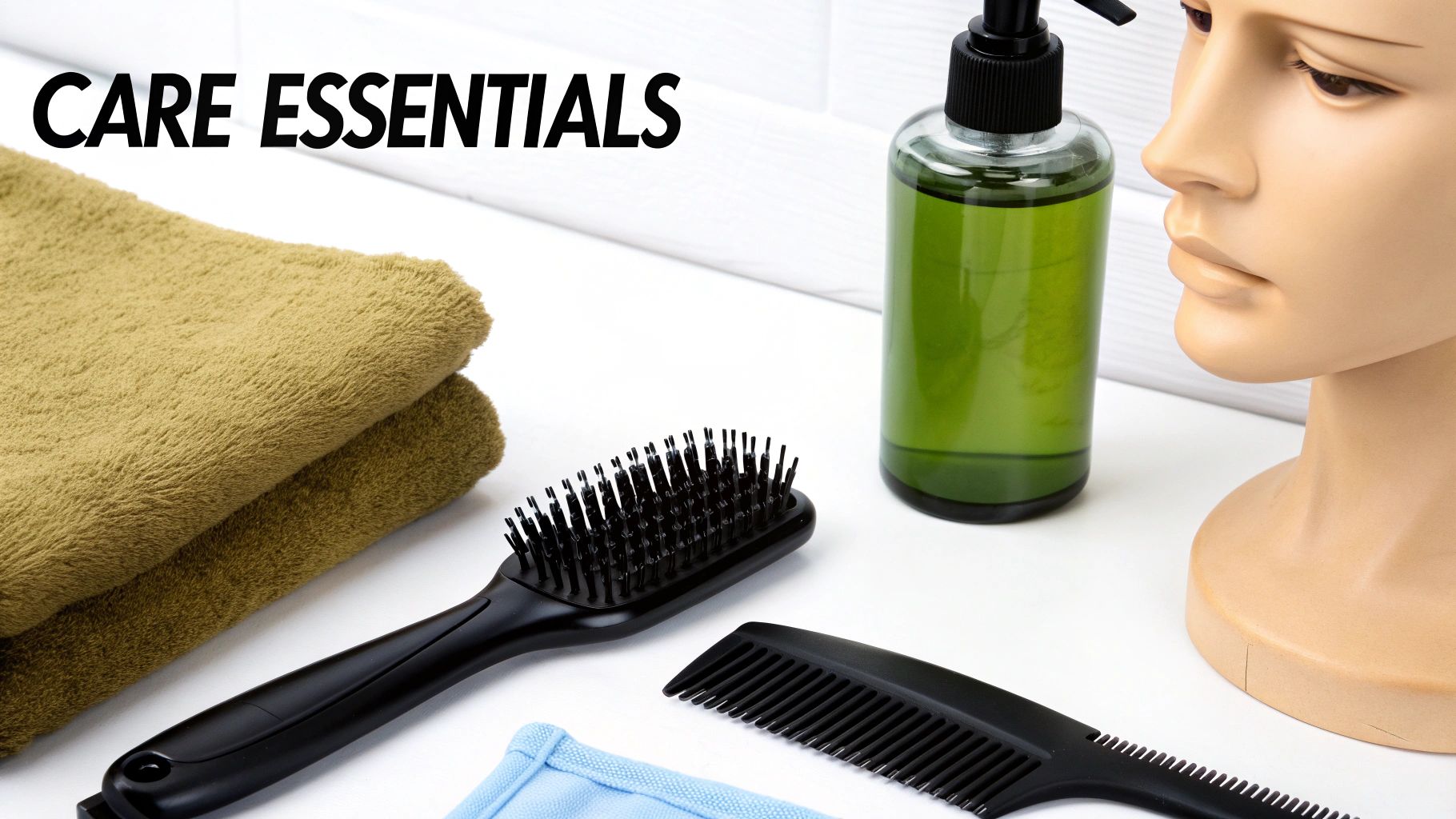 Care essentials for hair grooming: towels, brushes, comb, and liquid next to a mannequin head.